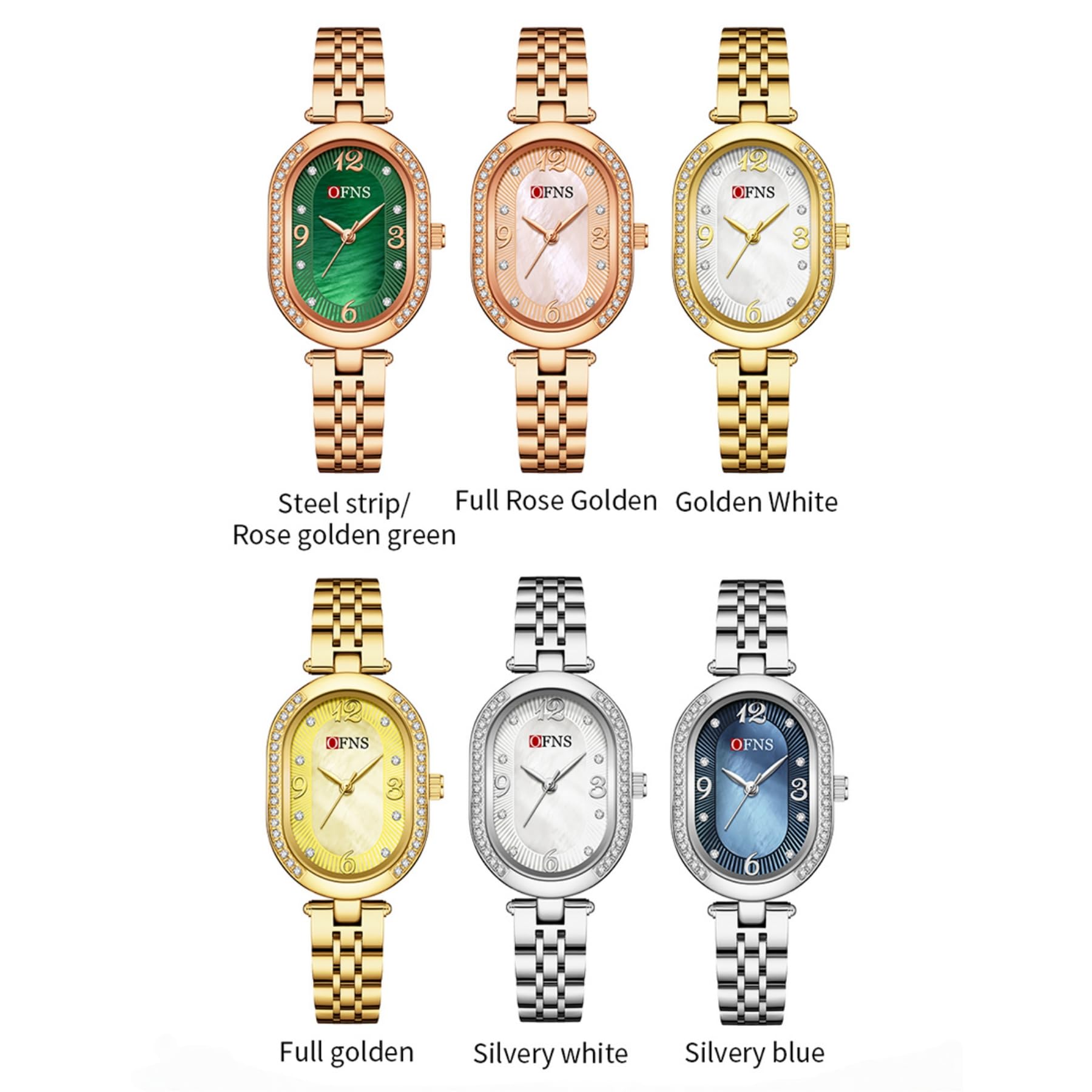 OFNS Reloj de mujer ovalado con diamantes y esfera de nácar, diseño minimalista clásico, acero inoxidable, para mujer
