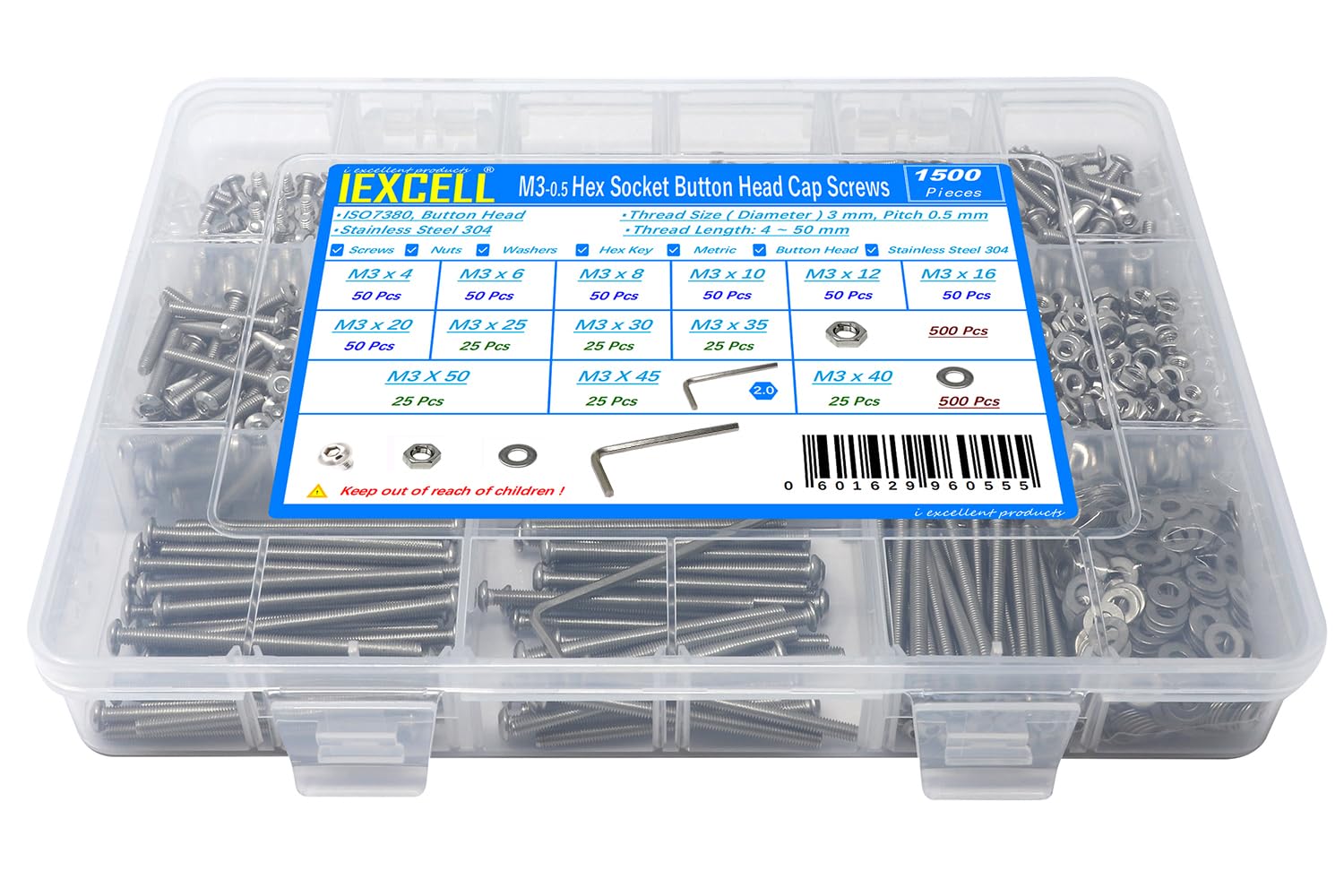 (SIMILAR TO STOCK PHOTO)iexcell 1500 Pcs M3 x 4/6/8/10/12/16/20/25/30/35/40/45/50 Stainless Steel 304 Hex Socket Button Head Cap Screws Bolts Nuts Washers Assortment Kit