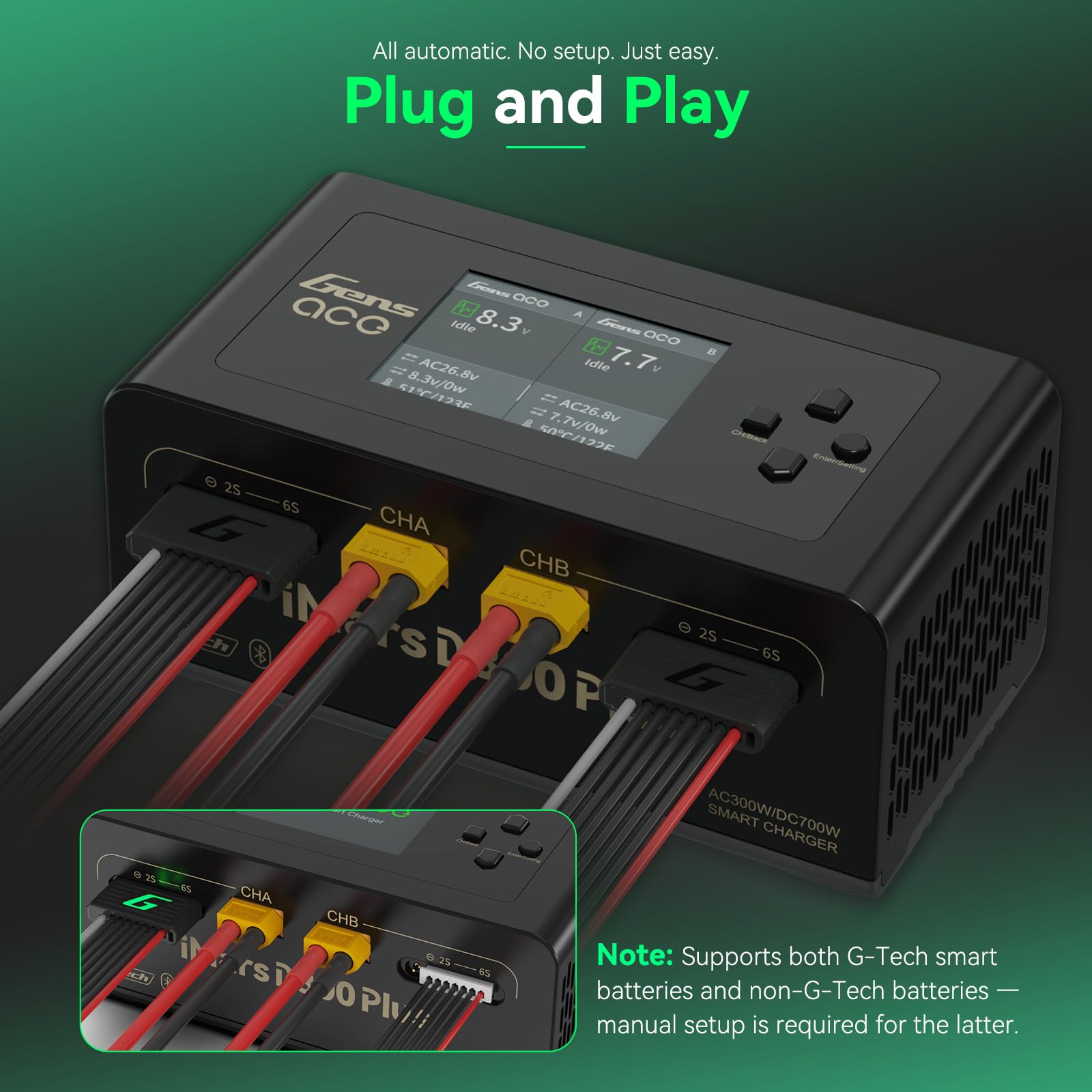 Gens ace iMars D300 Plus Bluetooth Smart Ladegerät, Dual-Channel AC/DC RC Akku Lader, AC 300W / DC 350W×2, max. 16A, für 2–6S LiPo, Schwarz