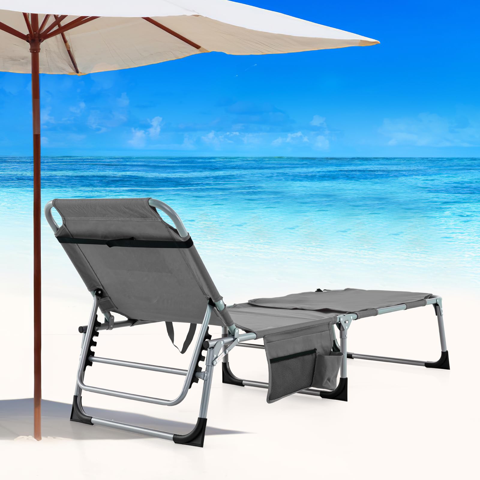 KOMFOTTEU Lettino Pieghevole con Foro per Viso e Braccia, Cuscino Estraibile, Sedia a Sdraio con Schienale Regolabile in 5 Posizioni, Sdraio da Spiaggia con Tasca Laterale, Portato 180 kg (Grigio)
