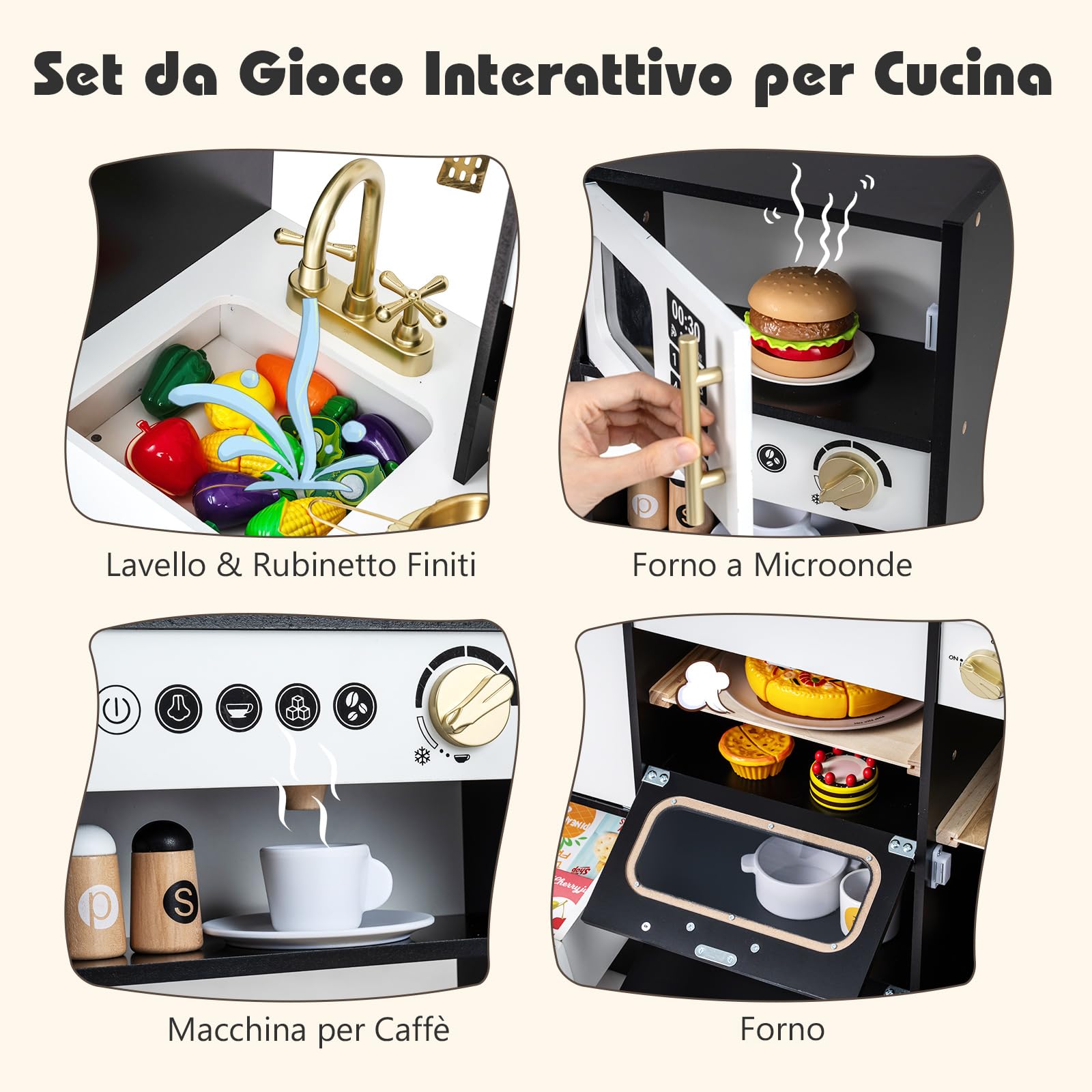 COSTWAY Cucina Giocattolo per Bambini, Set Cucinetta in Legno con Luci e Suoni Realistici, Fornelli, Lavello, Rubinetto, Forno, Microonde, Macchina del Caffè, Gioco di Finzione Chef per Bambini 3+