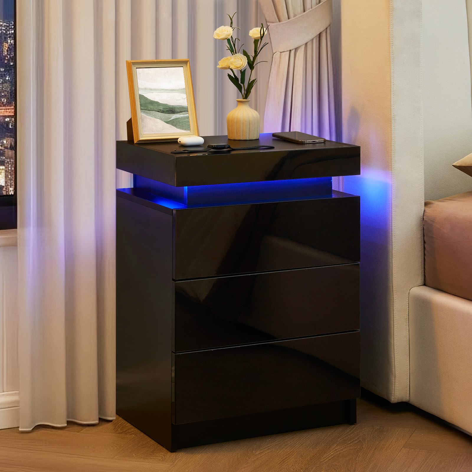 LEMROE USB LED Bedside Table with 3 Drawers Bedside Table with High