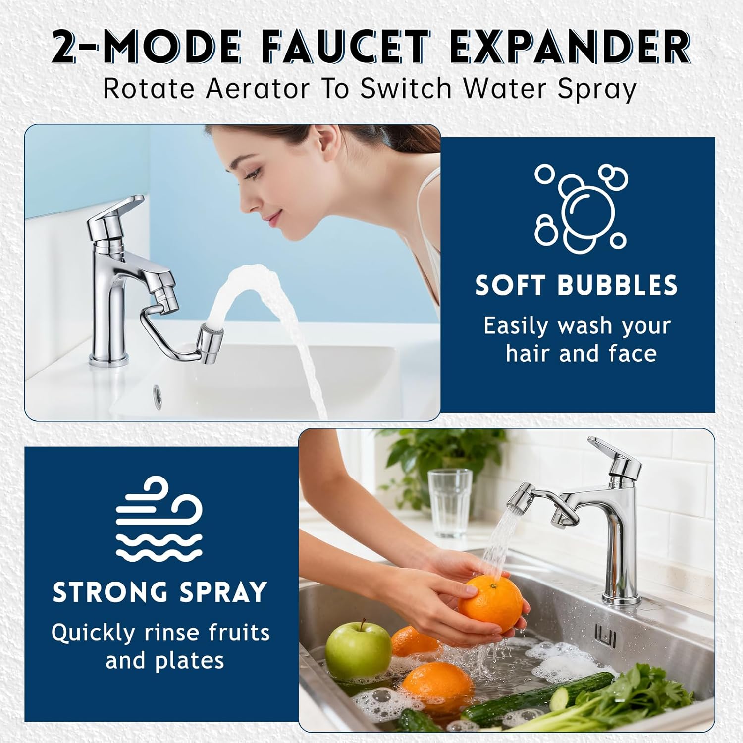 2 PCS 1440° Rotatable Faucet Extension, 1080° Swivel Faucet Aerator Extender, 2 Mode Adjustable Rotating Universal Sink Faucet for Kitchen Bathroom Sink Silver