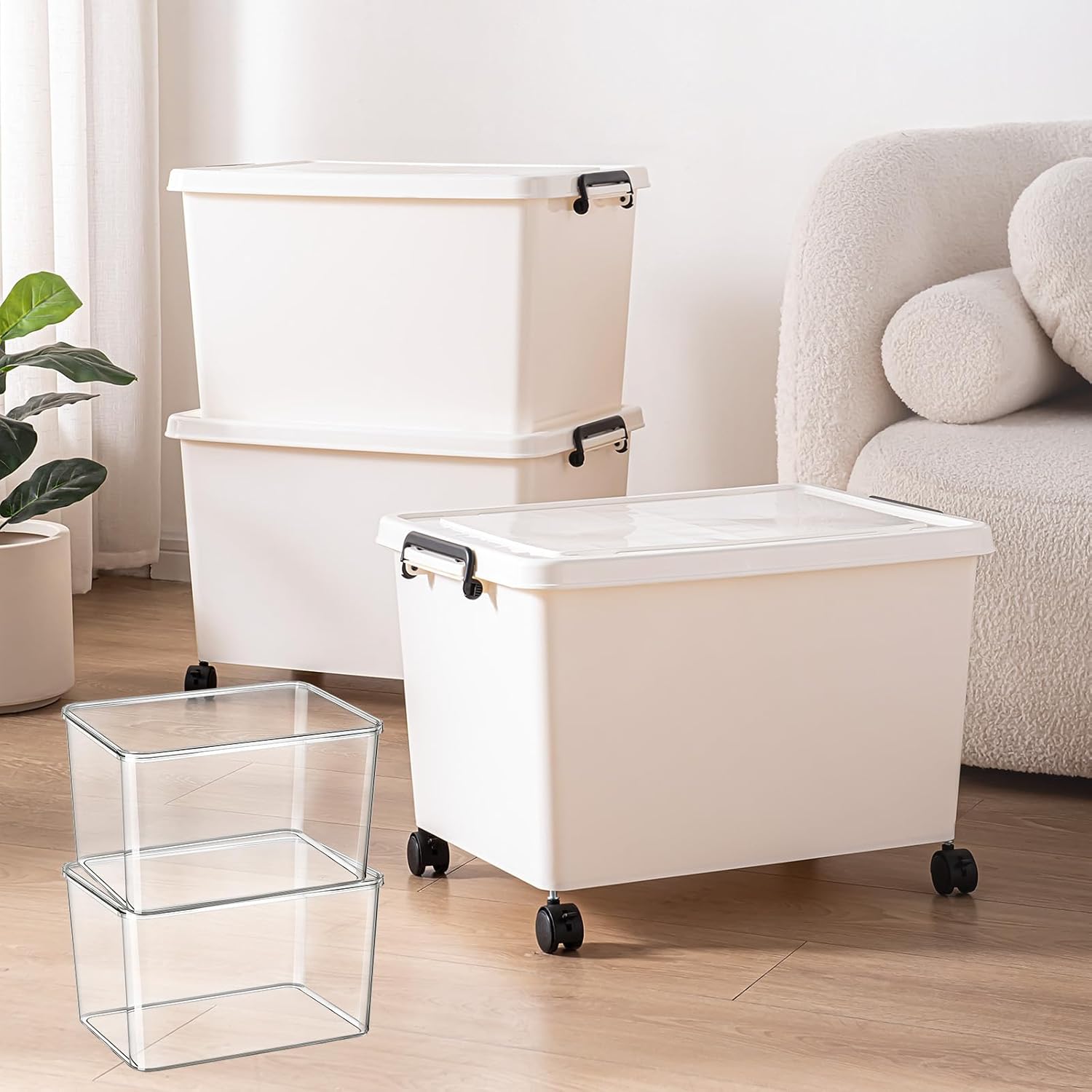 Large Stackable Plastic Storage Bins with Wheels, 3-Pack 60 Quart White Thickened Latching Lid Containers with Lockable 360° Casters for Home, Office, Bathroom, and Dorm Organization