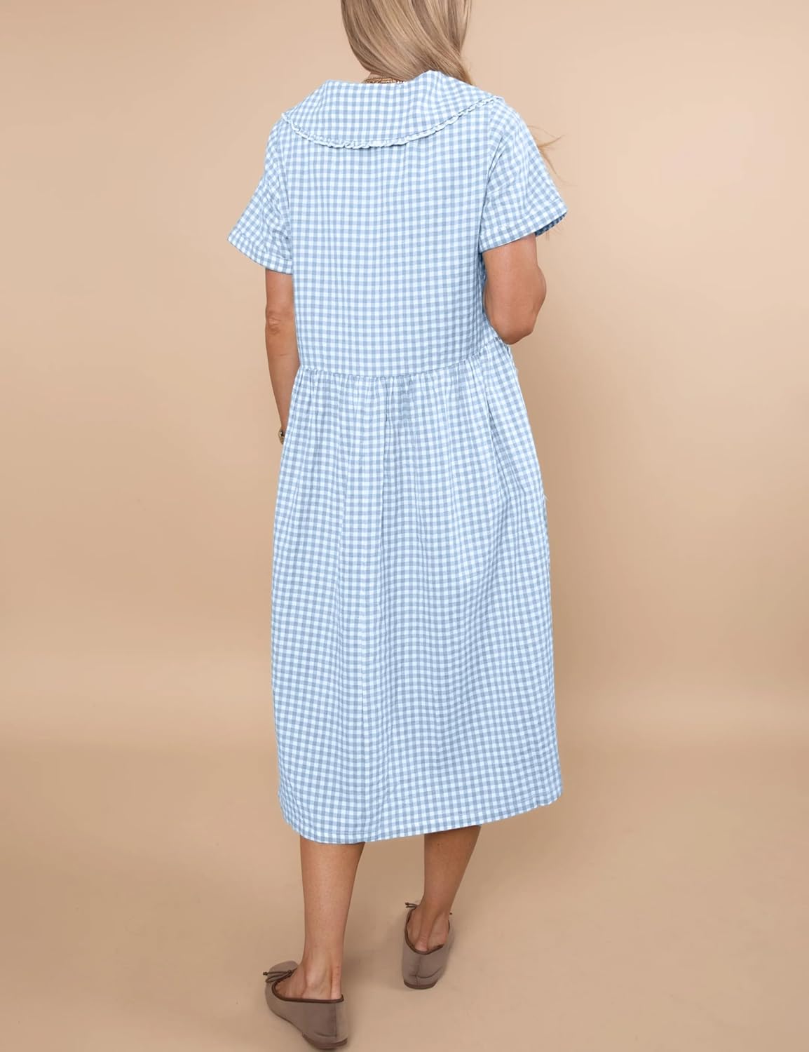 Women's Boho Gingham Collar Midi Dress Short Sleeve Flowy Beach Cover Up with Pockets Resort Kaftan Style