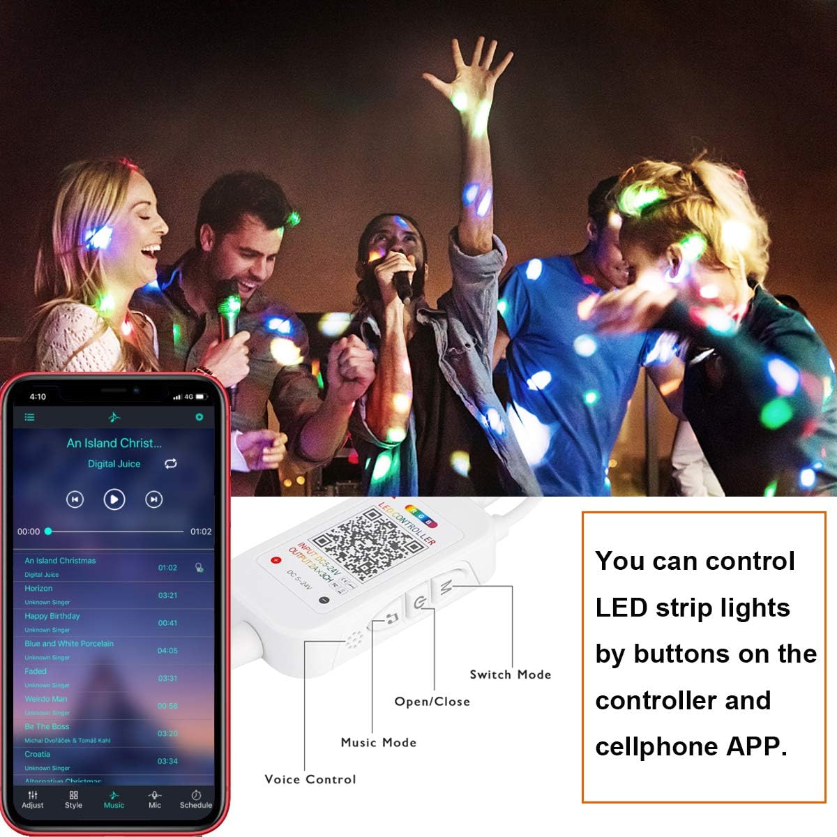 SUPERNIGHT Bluetooth LED Controller, Smart Mobile Phone APP Control Music Remote Controller for SMD 5050 2835 3528 4-Pin RGB LED Strip Lights (2 Ports)