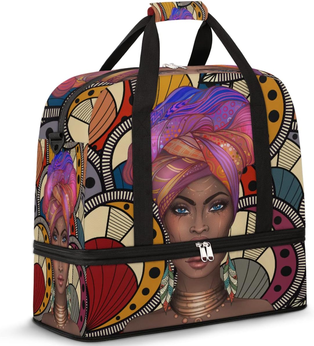 Travel Duffel Bag African Afro Woman Sport Gym Bag for Woman Man,Waterproof Foldable Weekend Overnight Bag for Yoga Workout Training with Shoe Compartment