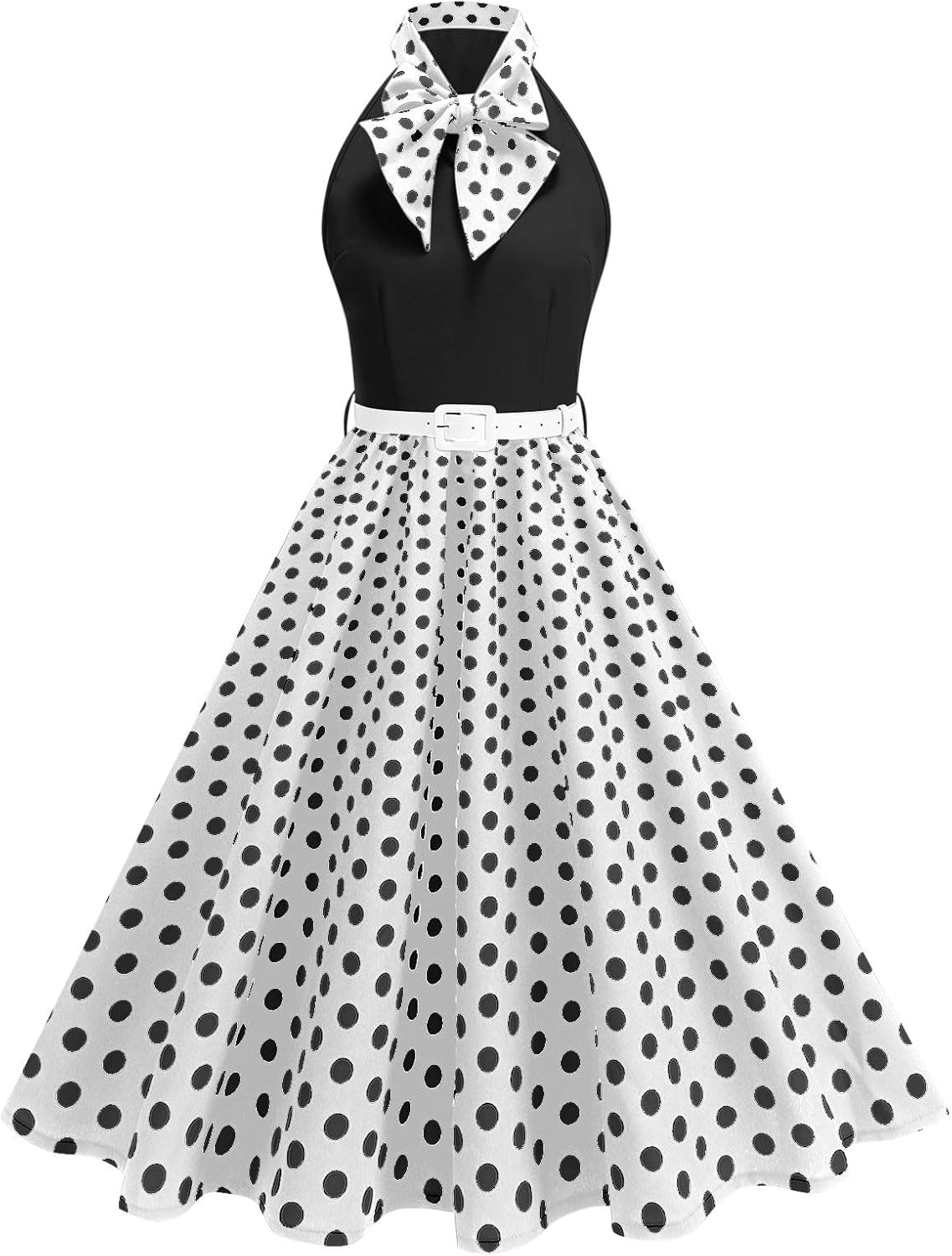 Lmdudan 1950s Dress for Women Retro Sleeveless Tie Neck Polka Dot Swing Dress with Belted Evening Party Cocktail Dresses
