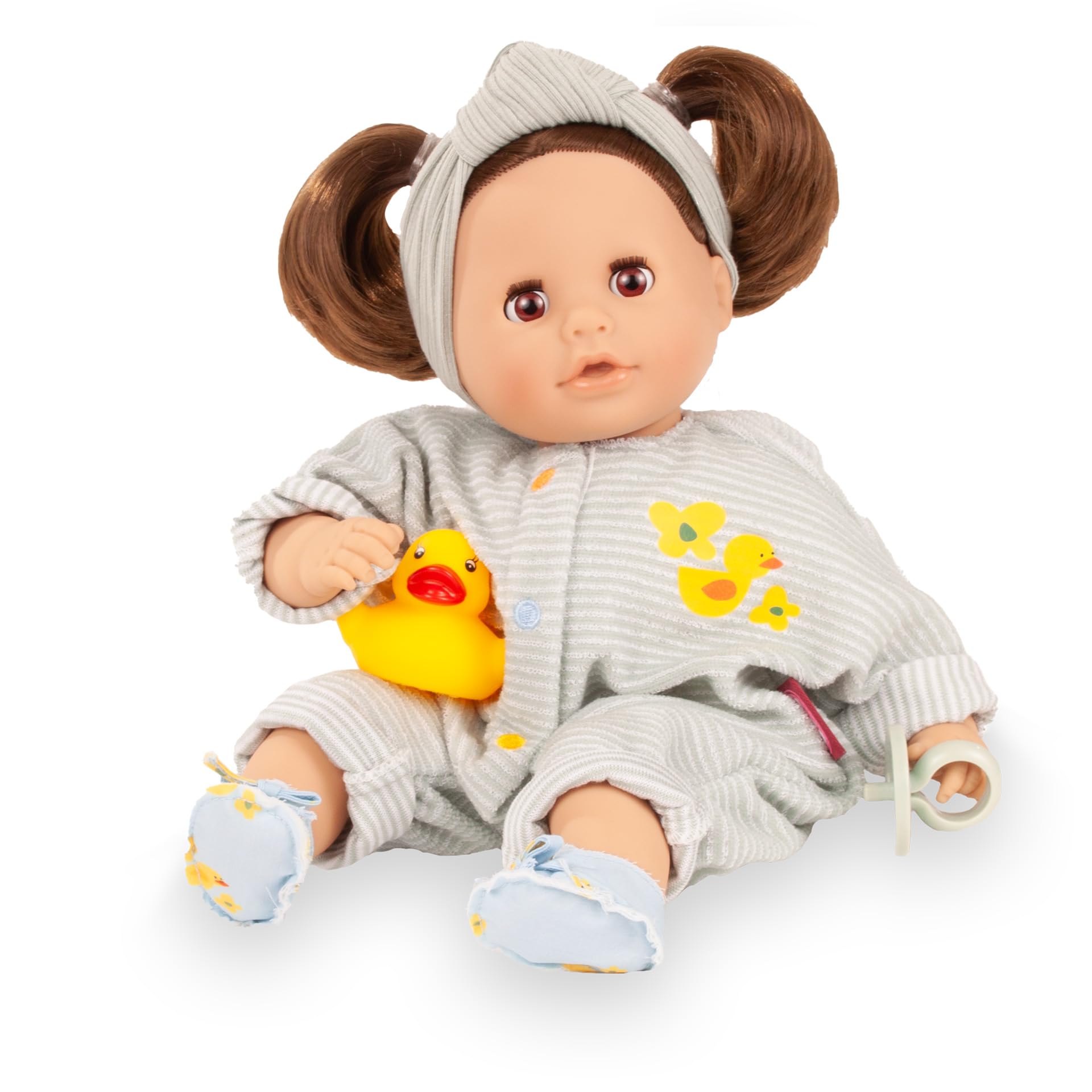 Götz 2616074 Cosy Aquini Little Duck Puppe 33 cm Badepuppe 7-TLG | für Kinder ab 3 Jahren, Babypuppe, Weichkörper, braune Schlafaugen, braune Haare, Schnuller und Badeente