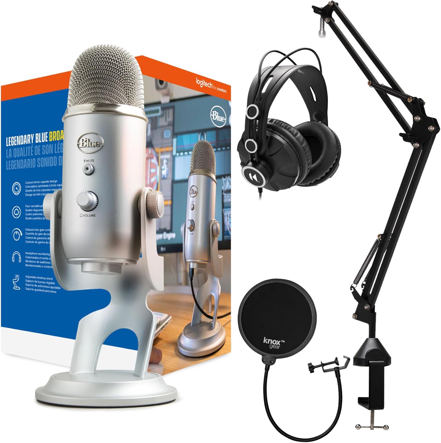 Blue Microphones Yeti USB Microphone Bundle with Desktop Boom Arm Stand, TX-100 Closed-Back Studio Monitor Headphones, and Pop Filter (4 Items)