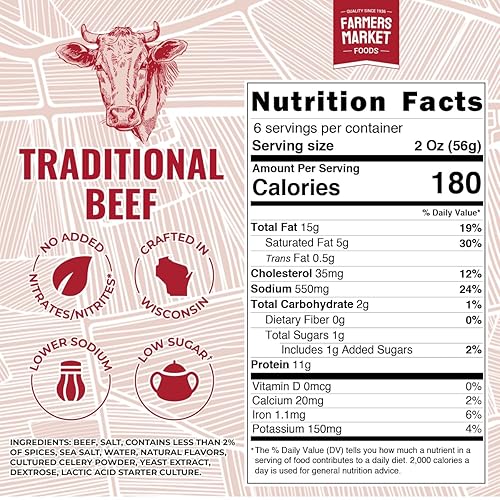 Miniatura 27 de Farmers' Market - Salchicha de verano, ahumada con nogal, carne de res y cerdo, rollo de salchicha estable para conservar, listo para comer, alto