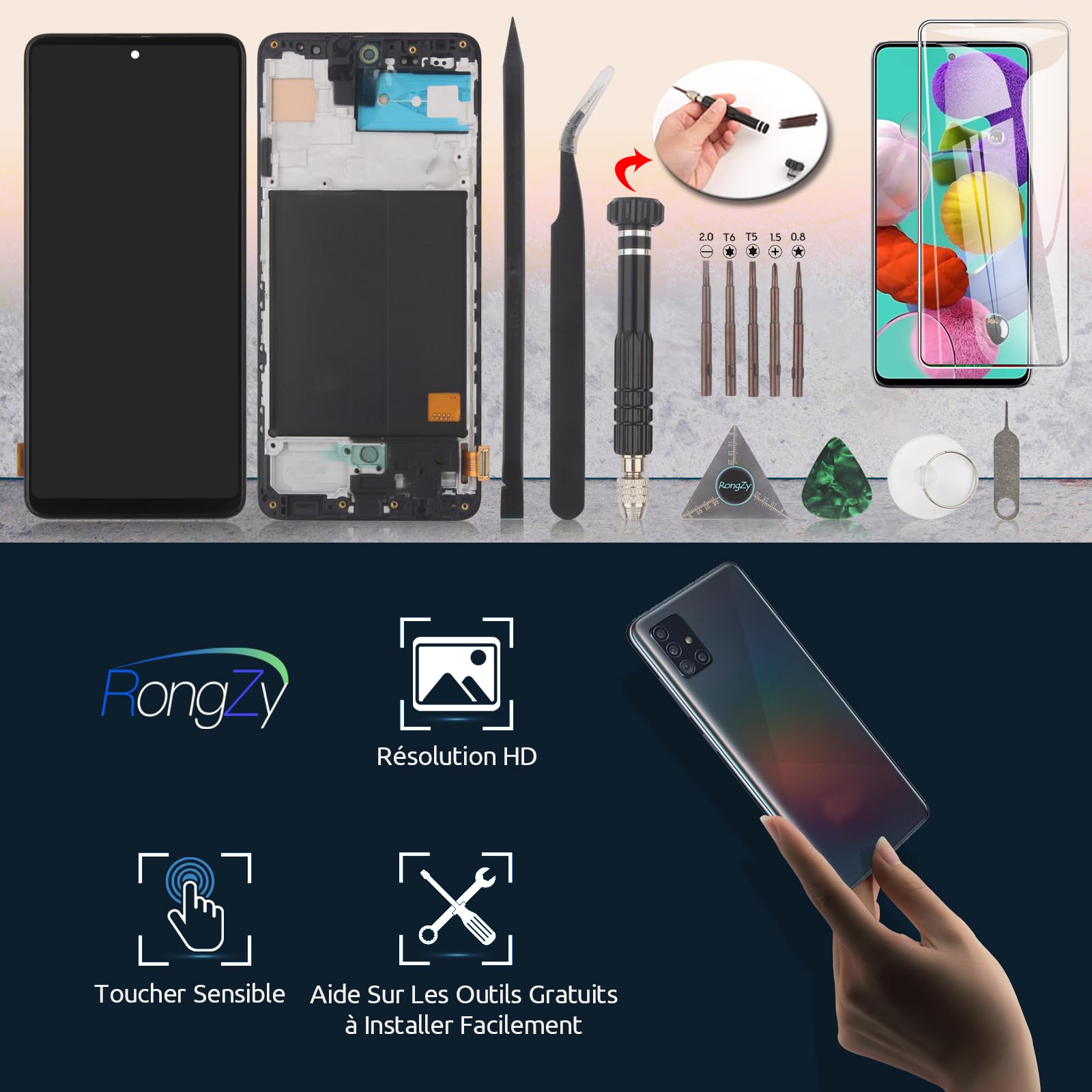 RongZy Écran de Rechange pour 6.5" Samsung Galaxy A51 Écran LCD + Vitre Numériseur Tactile Capteur Assemblé Remplacement pour Galaxy A51 A515F(Noir avec Cadre)