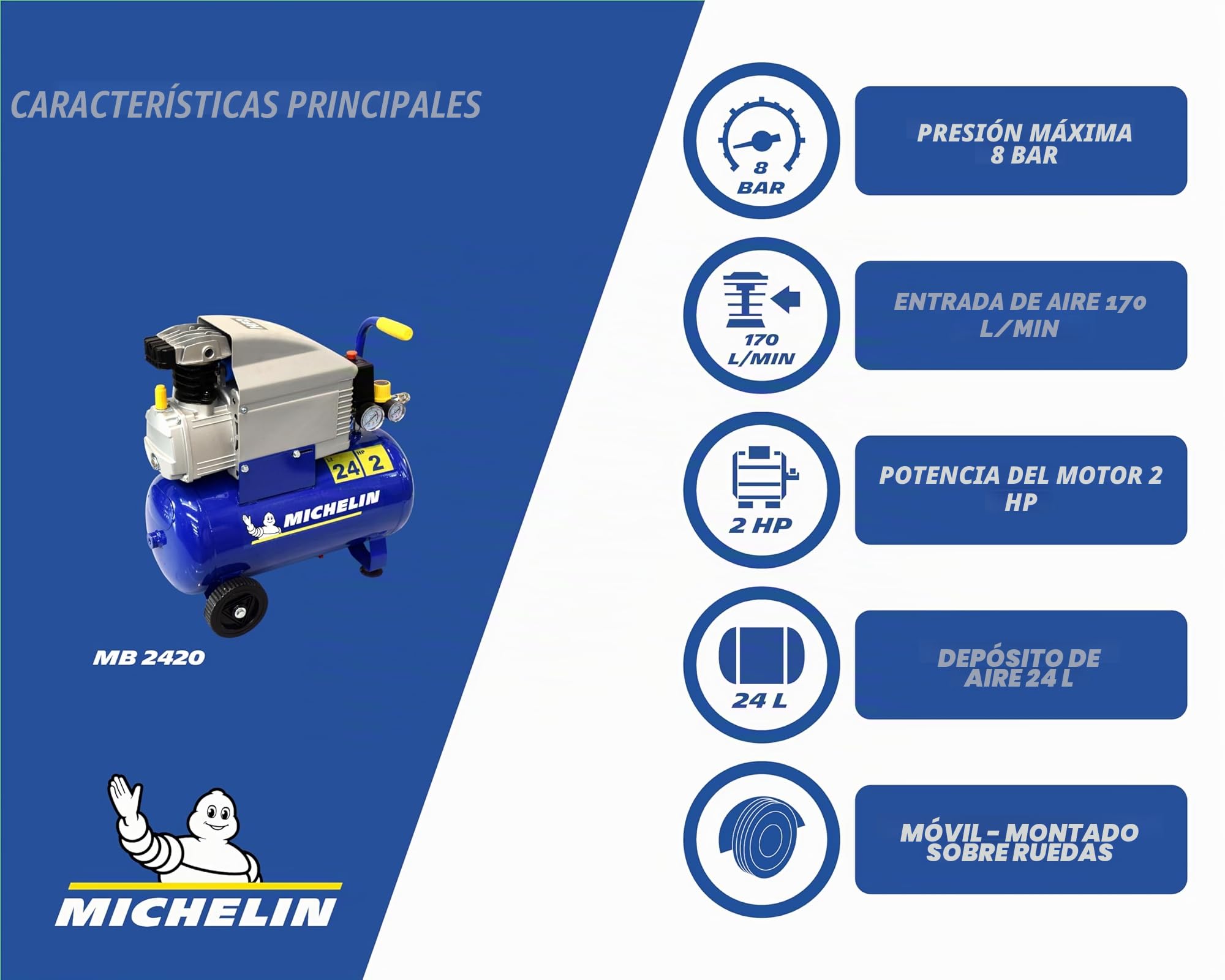 MICHELIN - Compresor de aire MB24 - Tanque de 24 litros - Motor de 2 CV - Presión máxima 8 bar - Flujo de aire 170 l/min - 10,2 m³/h