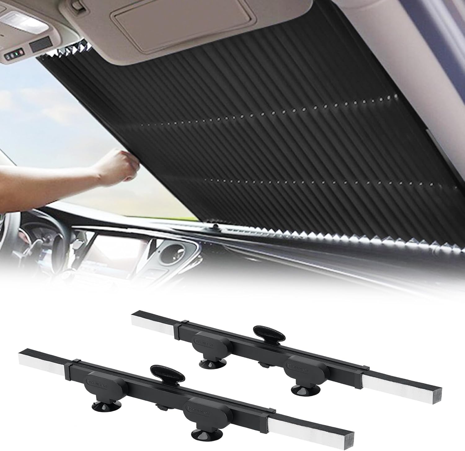 2PCS Retractable Car Sun Shades - Accordion Foldable Windshield Sunshade Blocks 99% UV Rays, Keep Cool, Large Size Sunscreen for Maximum Protection, Prevents Interior Sun Damage - Fits Various Models