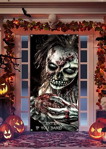 Miniatura 3 de Terrible pancarta para puerta de fiesta de Halloween, suministros de decoración de fiesta de terror aterrador para puerta delantera, pared, ventana