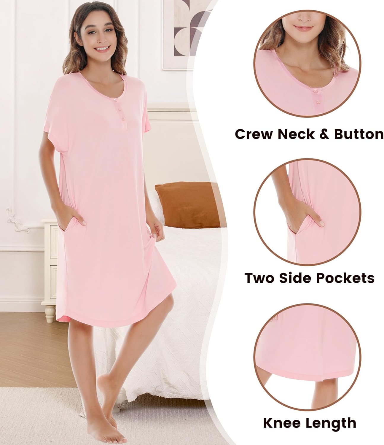 NACHILA Nightgowns for Women-Viscose Made from Bamboo, Short Sleeve Night Gown Cool Night Shirts Pleated Sleepwear