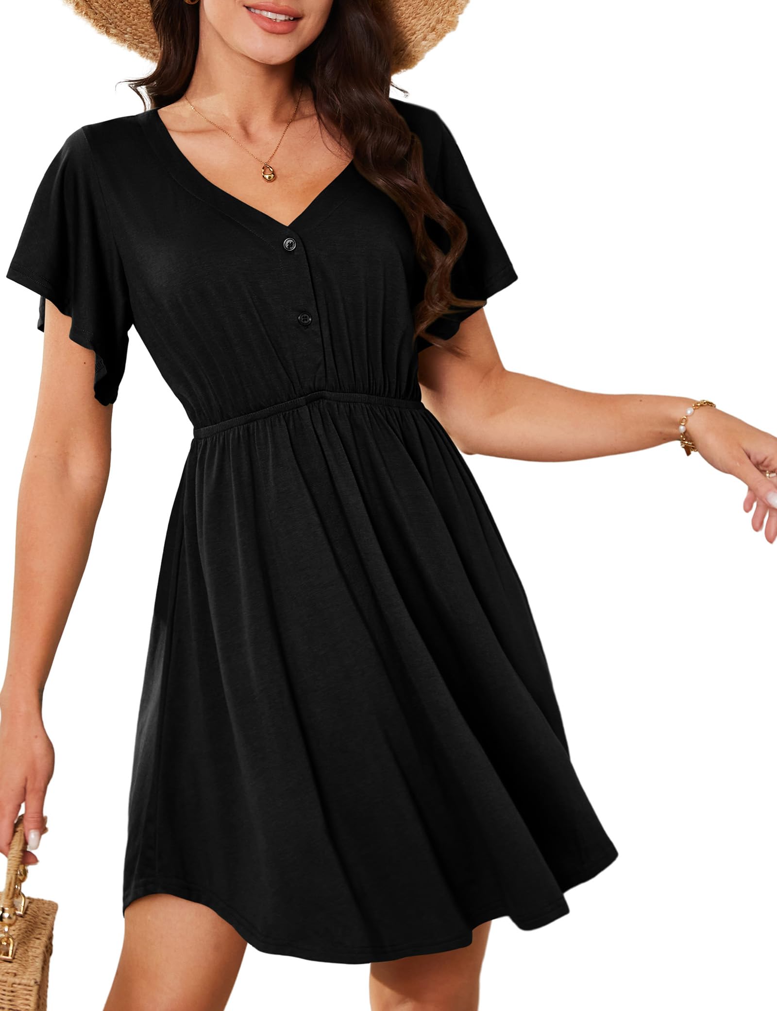 Amoretu Kleid Damen Elegant V Ausschnitt Sommerkleid Kurzerm A-Linie Rüschenärmel Minikleid