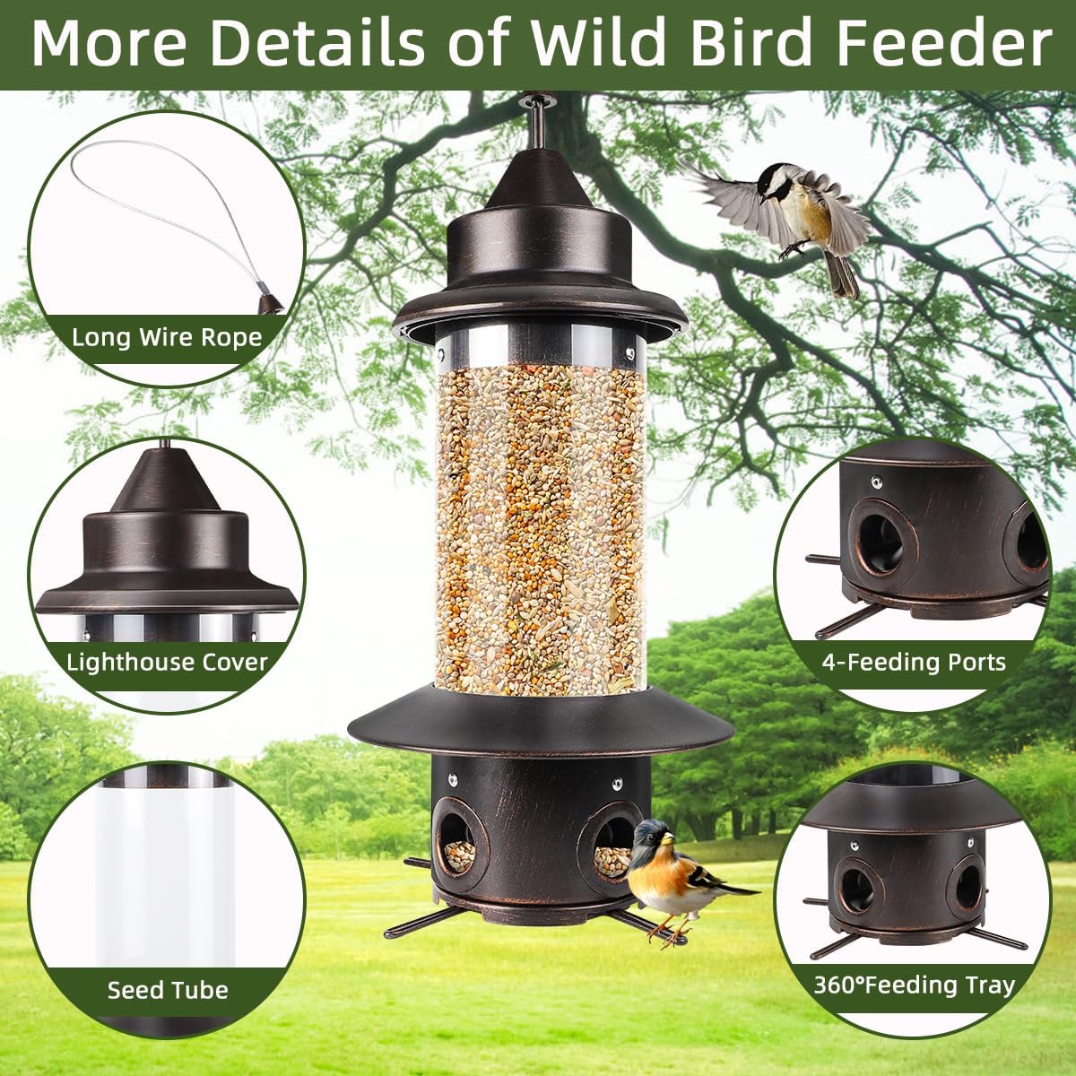 Squirrel Proof Bird Feeders for Outside：Outdoors Hanging Metal Tubes Bird Feeding 5LB Seeds Capacity Bird Feeders Heavy Duty 4 Feeding Ports Chew-Proof Wild Birds Feeder for Garden Yard Decoration