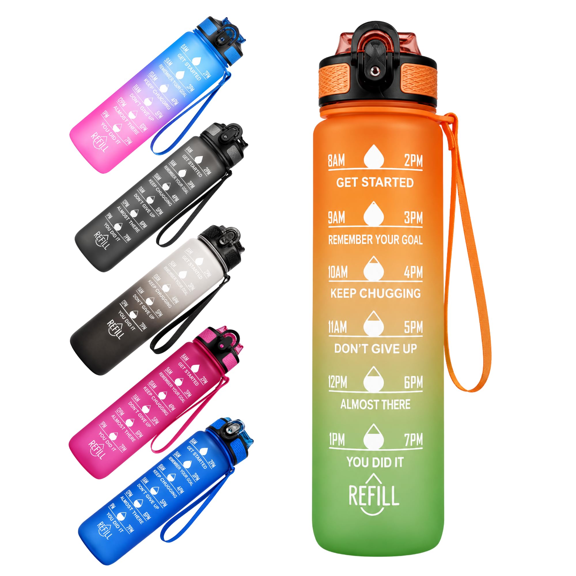 Altruva 1000ml BPA-Free Water Bottle with Straw & Time Markers | Leakproof Reusable Hydration Bottle with Measurements | Sports & School Water Bottle for Daily Use (Sunset Lime)