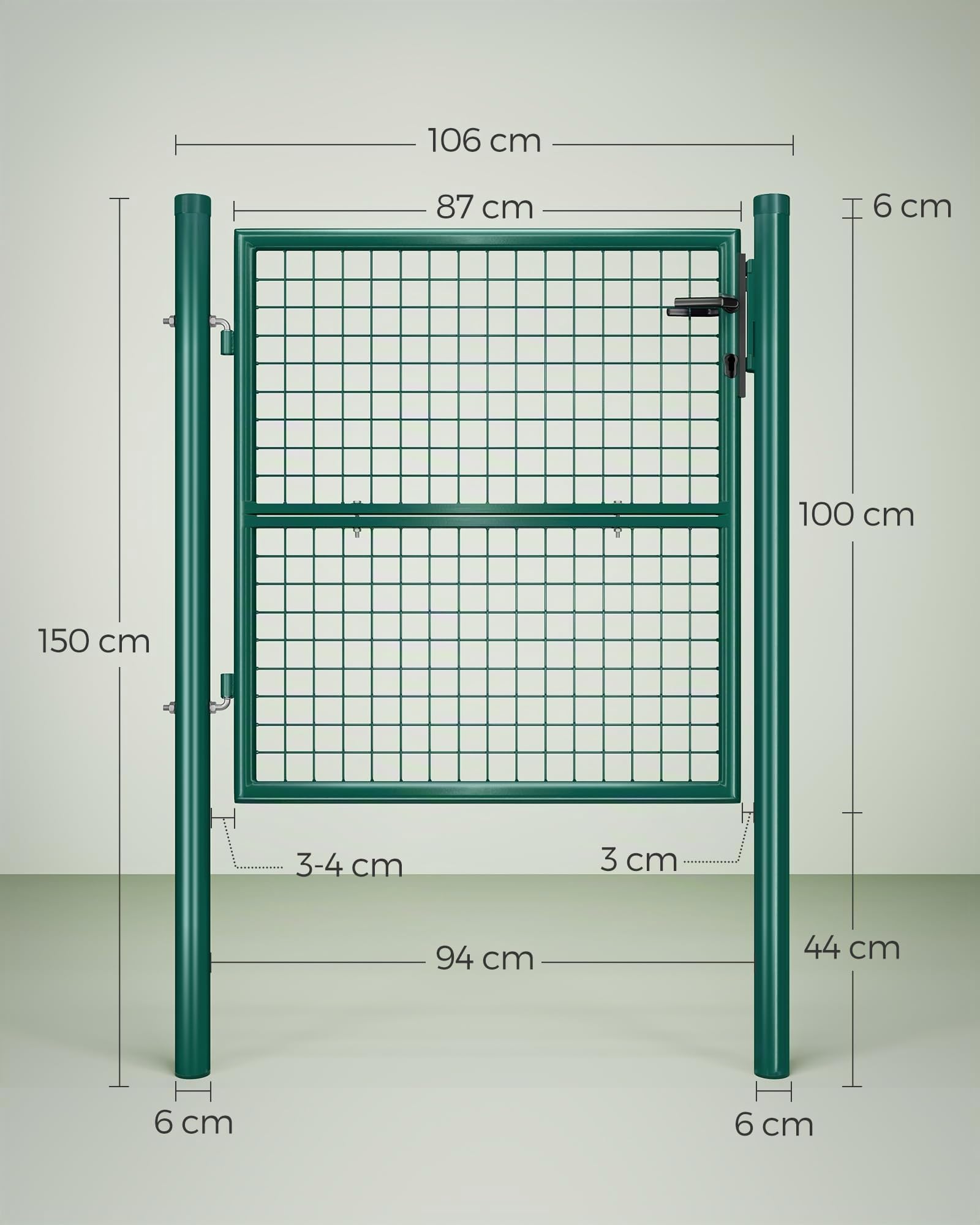 SONGMICS Gartentor, Gartentür, verzinkter Stahl, robust und langlebig, abschließbar, rundes Rohr, Tür 87 x 100 cm, 106 x 100 cm (B x H), grün GGD150G01