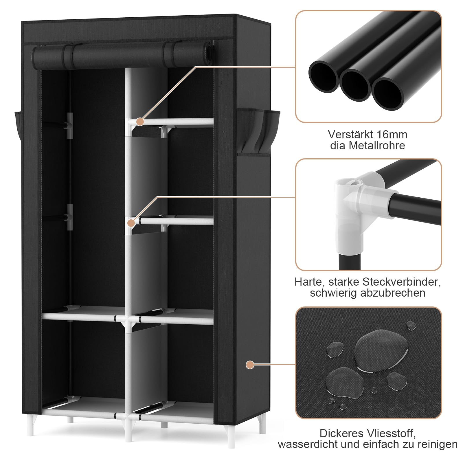 Vicye Kleiderschrank, Stoffschrank mit Kleiderstange, 6 Ablagen, 4 Seitentaschen und Überzug, Kleiderschränke Stabil für Schlafzimmer Ankleidezimmer (Schwarz, 84 x 42 x 162 cm)