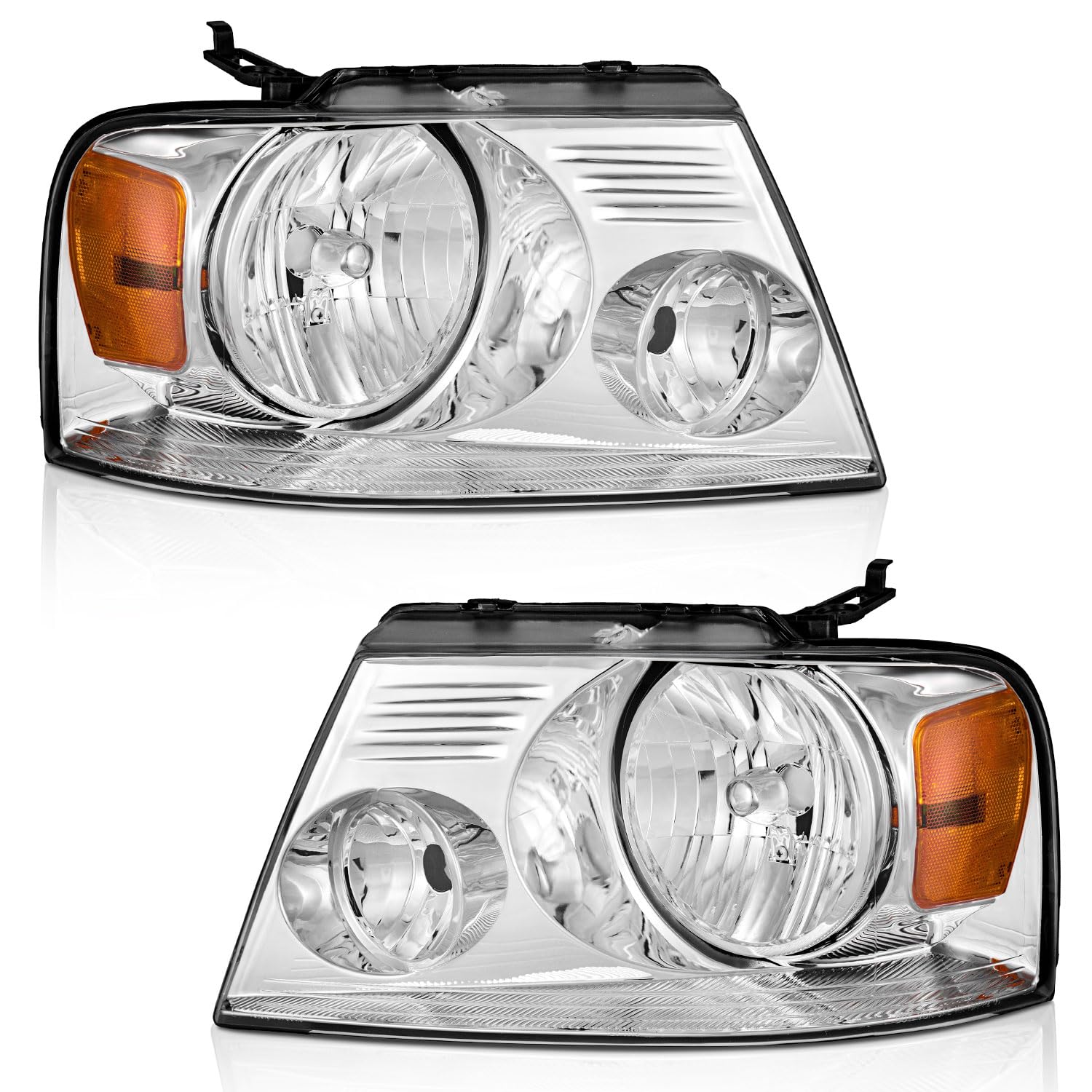 WEELMOTO For 2004-2008 Ford F150 Pickup/2006-2008 Mark LT Headlight Assembly, Headlamp replacement For 2004 2005 2006 2007 2008 Headlight Assembly Chrome Housing Amber Reflector L+R Both Side Pair Set