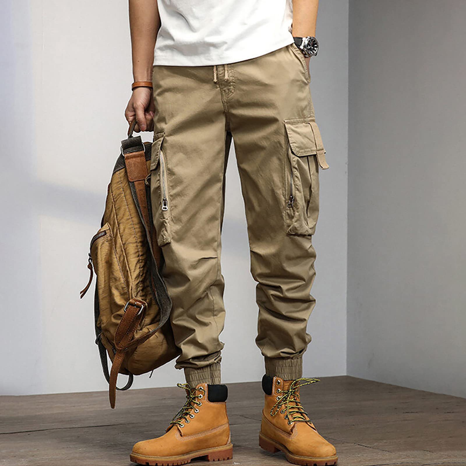 Pantalones cargo para hombre, pantalones de chándal para hombre, de algodón, pantalones de deporte, informales, holgados, pantalones de ocio, cintura elástica con cordón, pantalones de chándal con