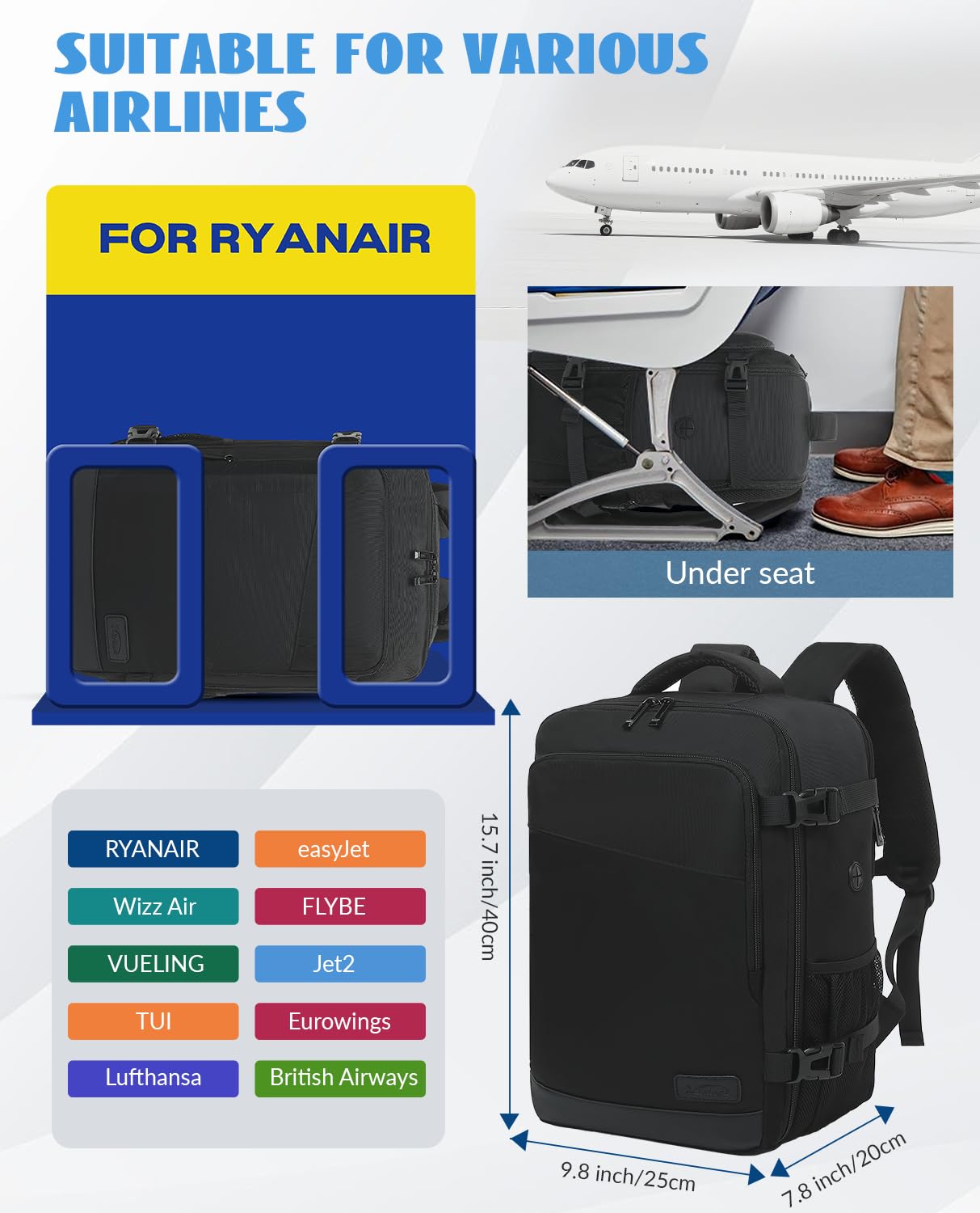 Xkdoai Zaino per Ryanair 40x20x25 Zaino da Viaggio Aereo Bagaglio a Mano 40x20x25 45x36x20 con Borsa Antifurto per Uomini Scuola per 14 pollici Laptop