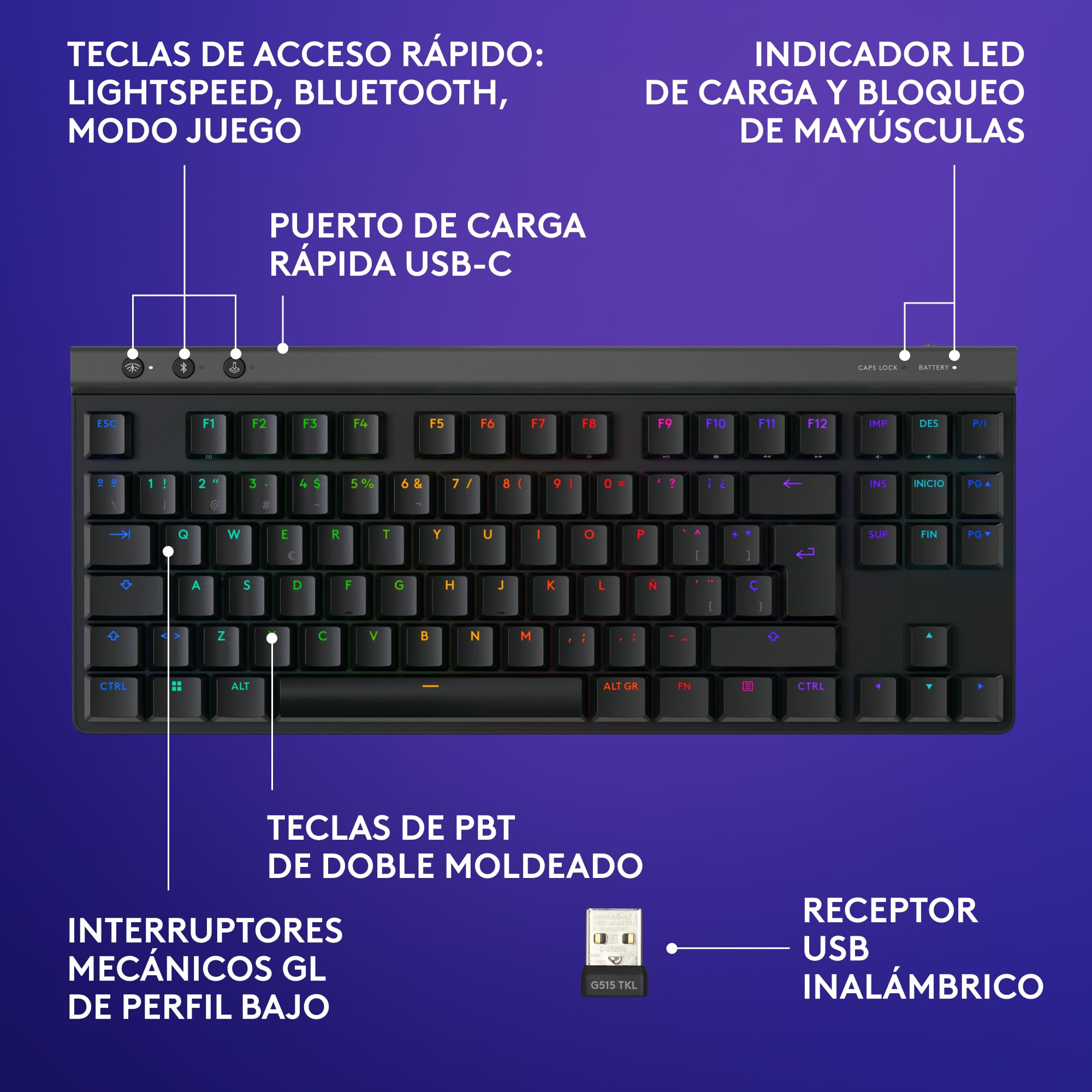 Logitech G G515 Lightspeed TKL de Perfil bajo Teclado para Gaming inalámbrico, RGB LIGHTSYNC, diseño Fino sin Teclado numérico, Teclas de PBT, interruptores mecánicos táctiles, US INT'L - Negro