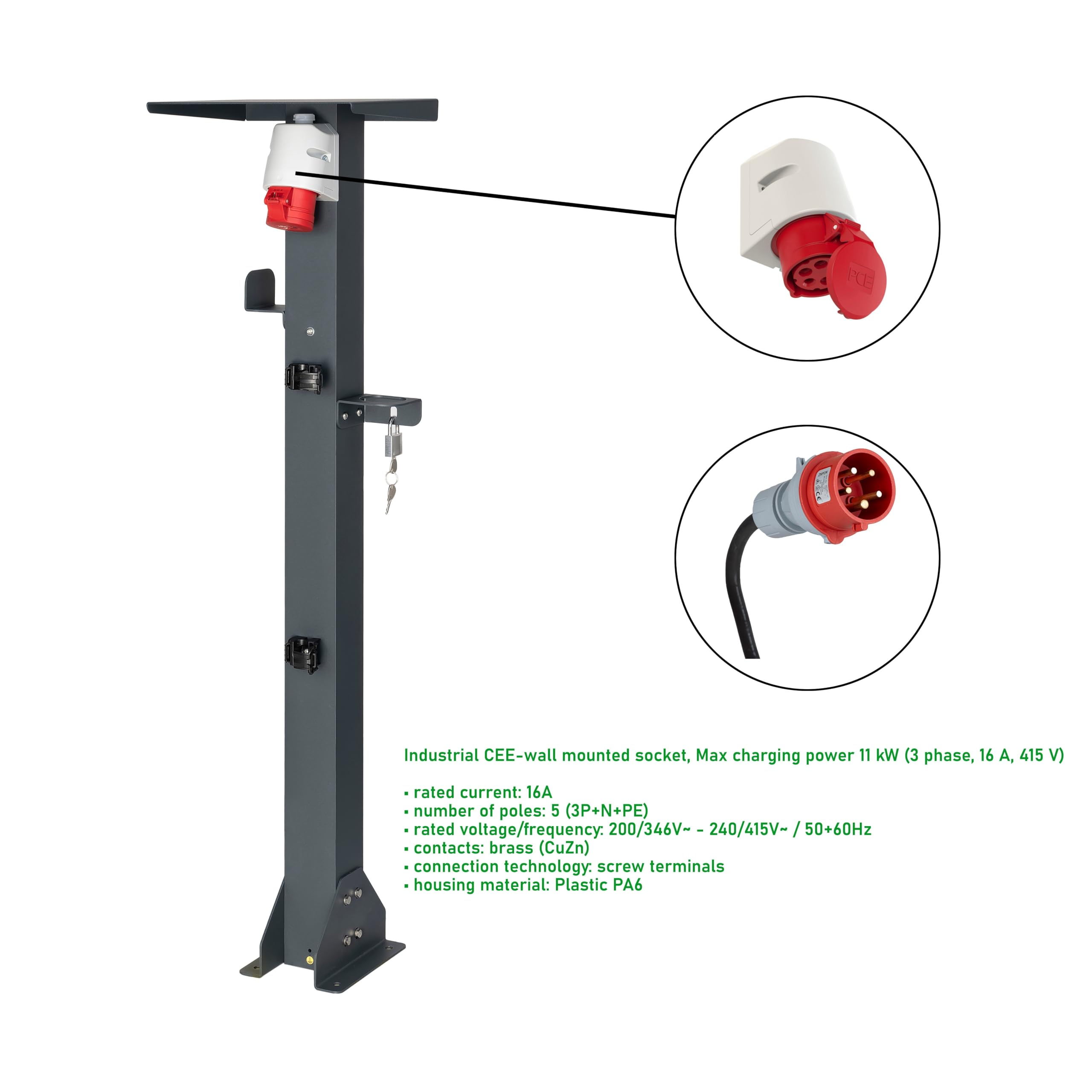 supporto universale di alta qualità in alluminio per stazione di ricarica mobile con tetto, supporto per cavi e presa per veicoli elettrici (CEE 3F, 16A, 11 kW)