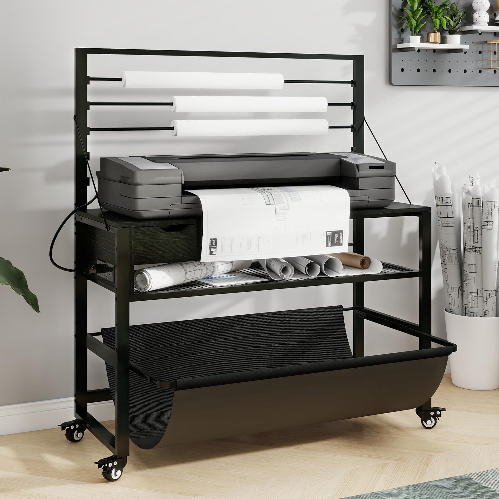 Photo 1 of Natwind Wide Format Printer Stand, Plotter Workbench Table with Pull-Out Drafting Storage, Roll Paper Holder, Accessory Drawer, Adjustable Storage Shelf for Plotters and Cutting Machines (Black)