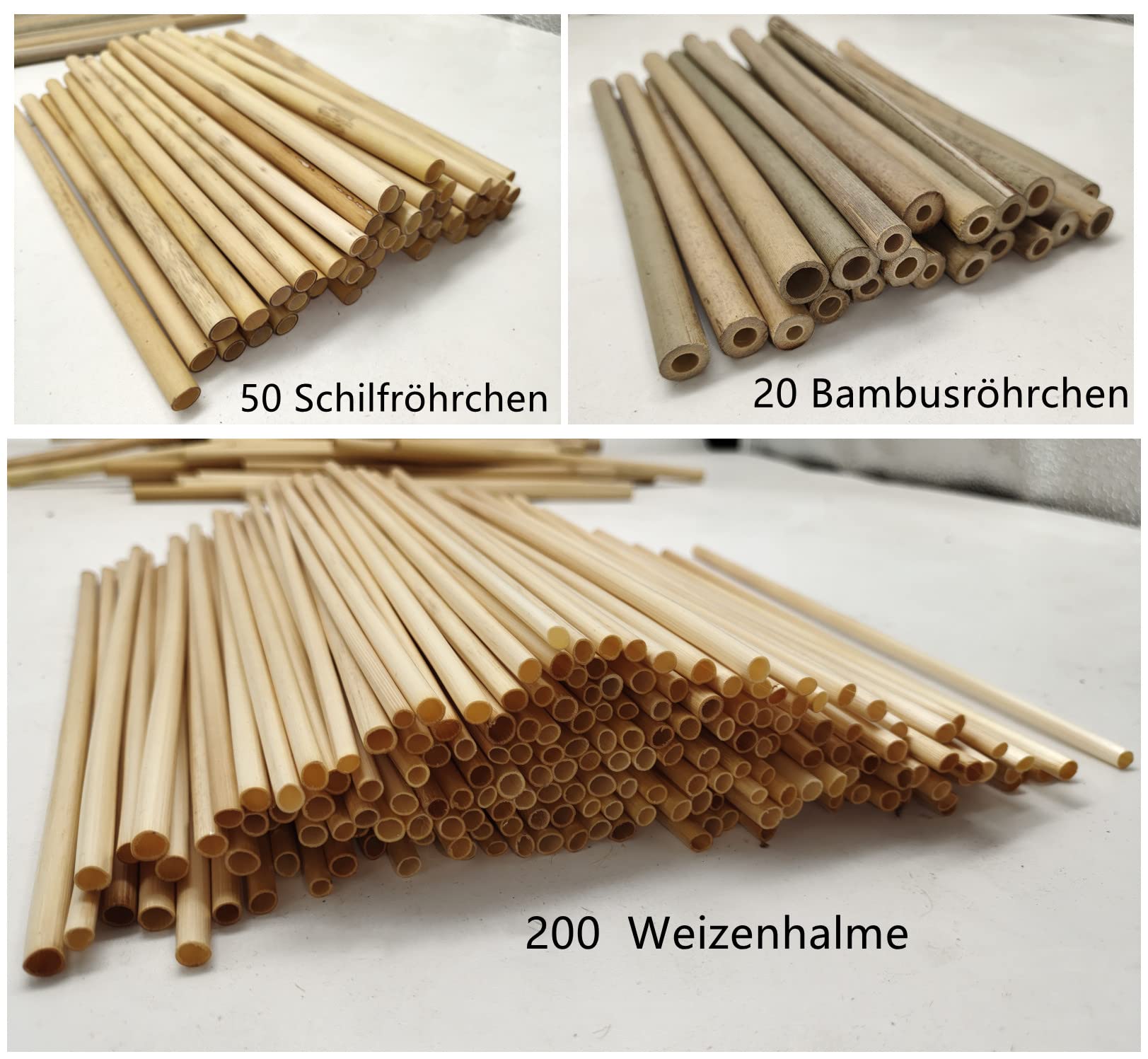 200 cannucce di grano + 50 cannucce + 20 tubi di bambù prefabbricati da 20 cm, materiale di riempimento, aiuti per nidificazione, api selvatiche, per insetti, casetta per api selvatiche