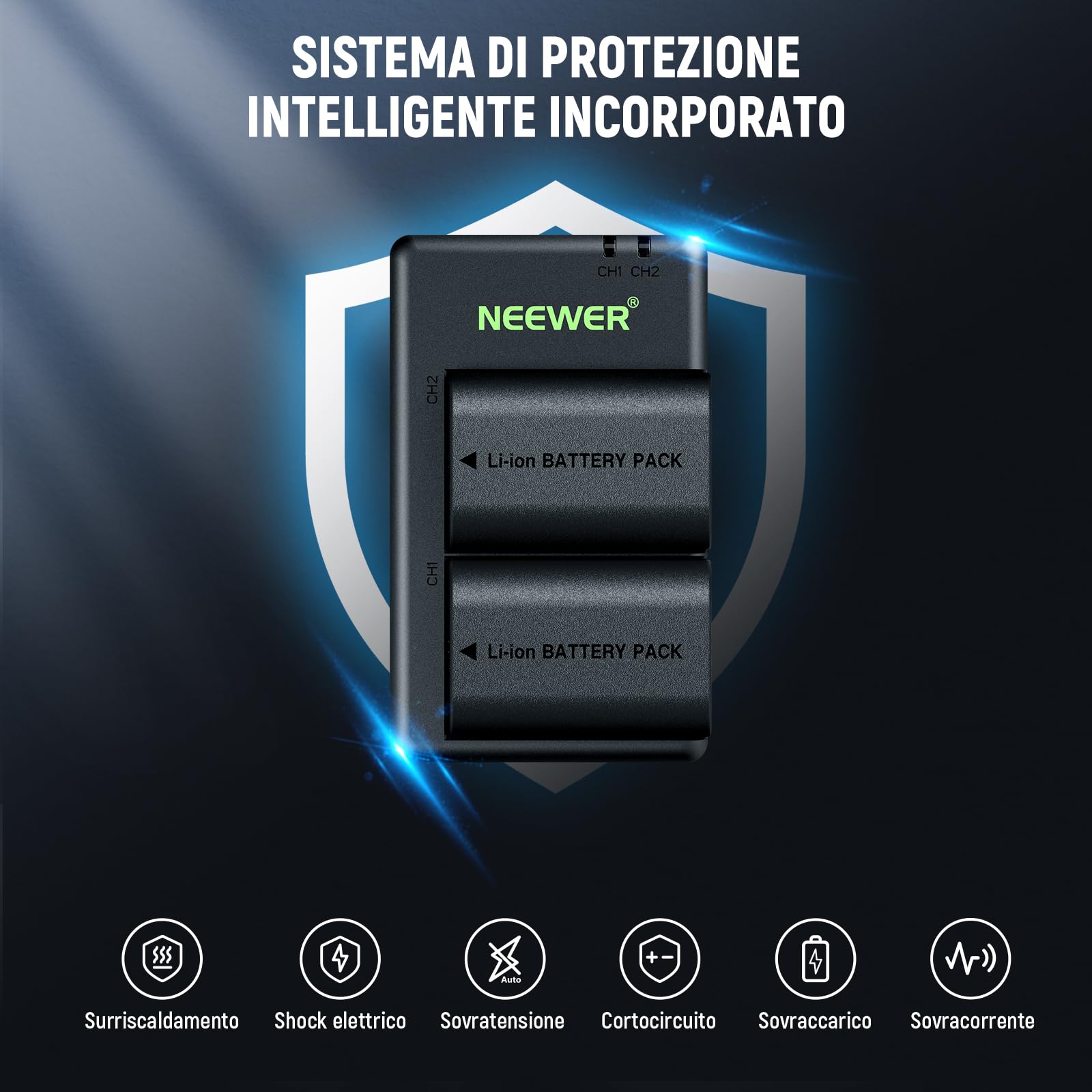 NEEWER Confezione da 2 batterie LP-E6P/LP-E6NH/LP-E6N da 2200 mAh e caricabatterie doppio USB, compatibili SOLO con Canon EOS R5/R6/R7 5D/6D/7D/60D/70D/80D/90D