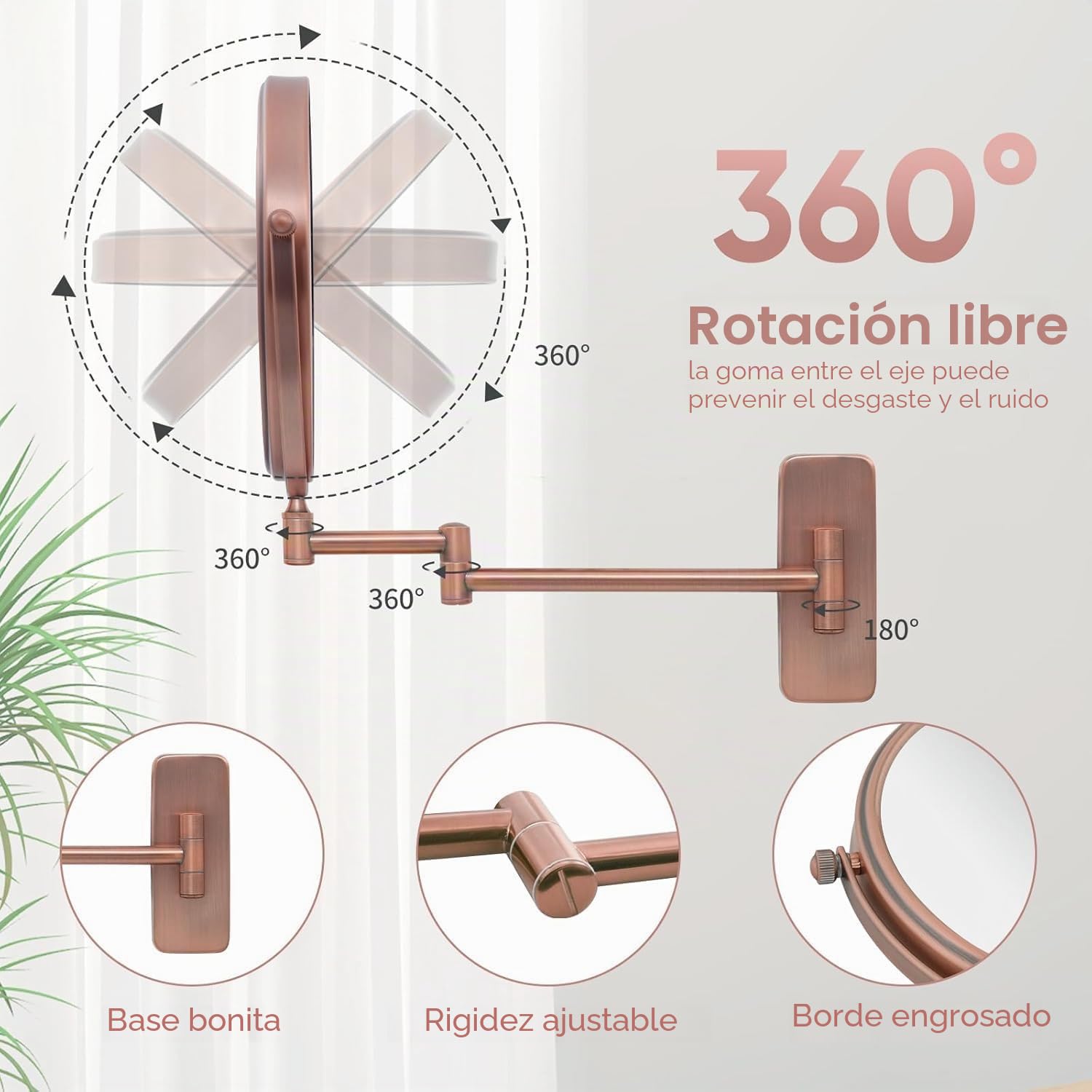 Nicesail Espejo de maquillaje para pared, color oro rosa mate, con aumento, 10 aumentos, espejo de aumento para baño, espejo de afeitar extensible, diámetro 20 cm