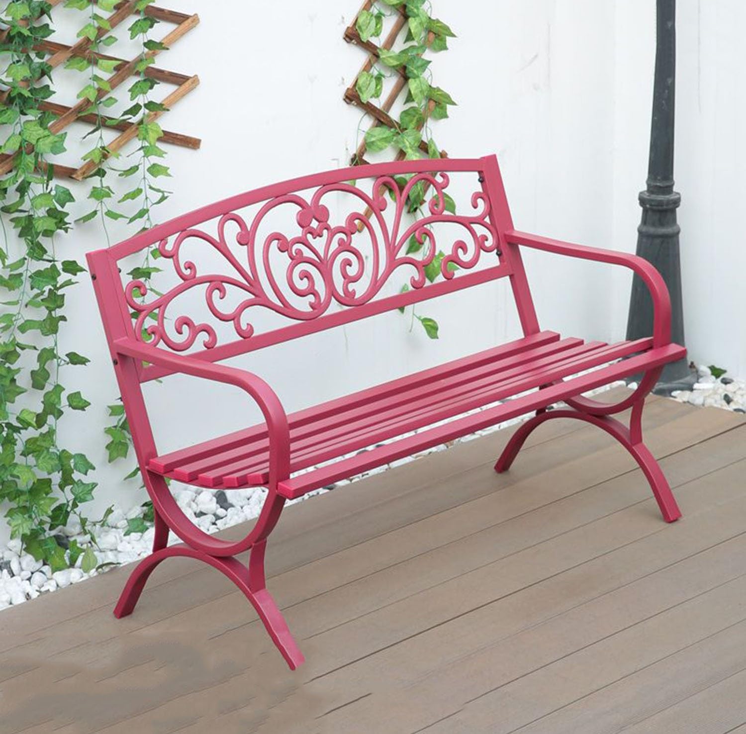 Banco de jardín de metal para terraza y porche exterior con asiento de listones