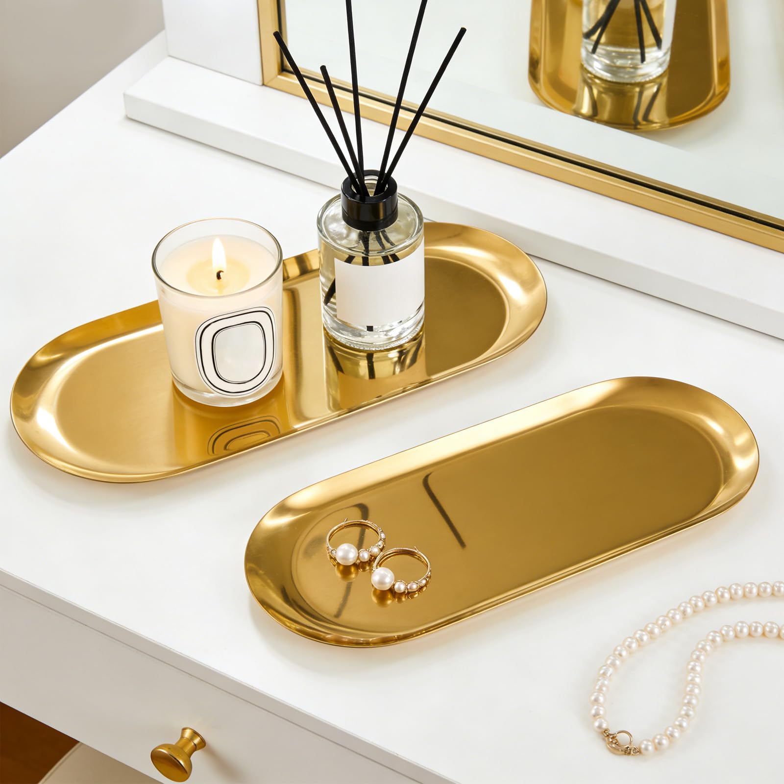 Confezione da 2 vassoi decorativi in acciaio inossidabile, vassoio ovale da 30,5 cm, per gioielli, piccoli piatti portaoggetti per cosmetici, organizer per chiavi del bagno, candele (oro)