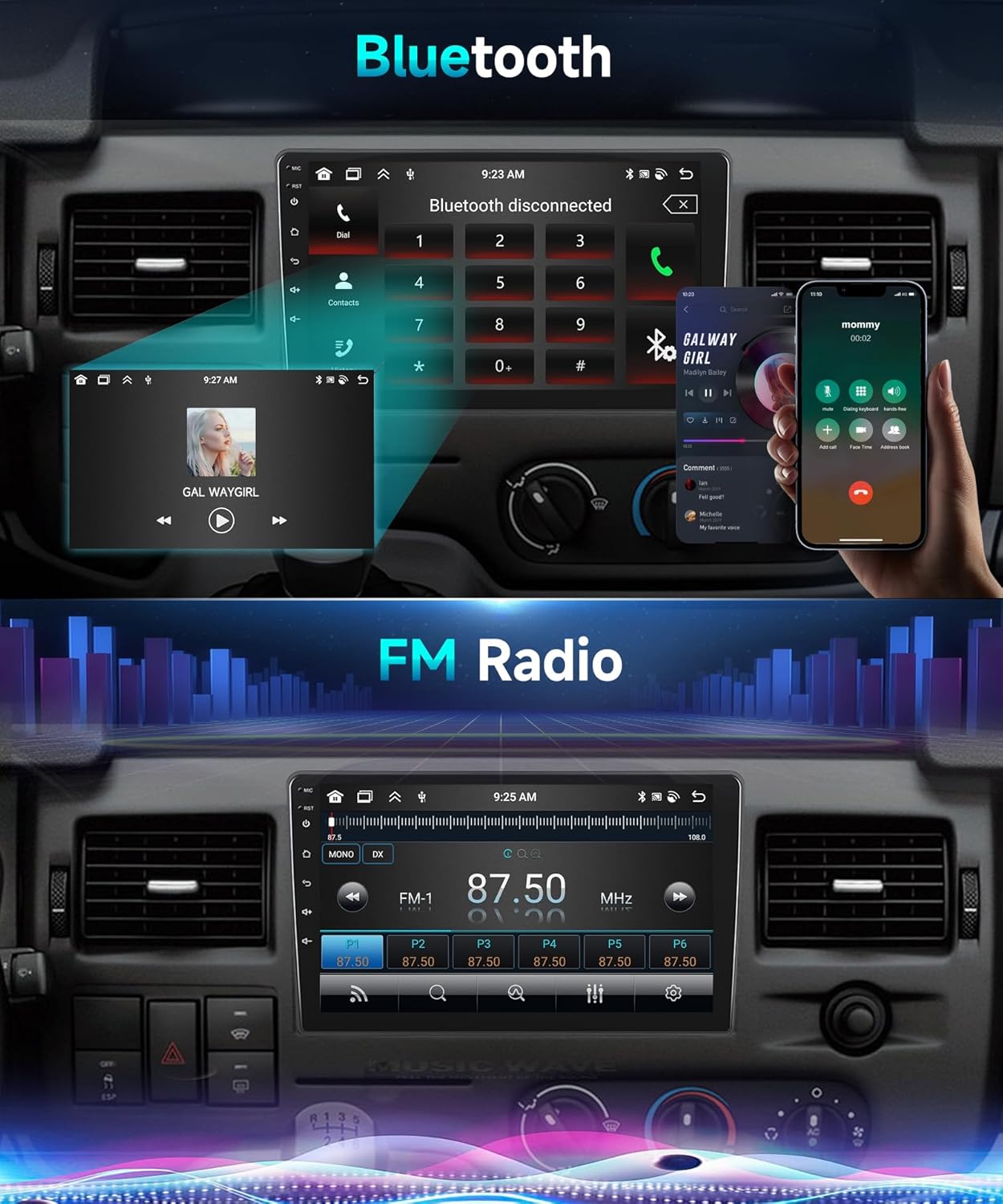 Bluetooth interface on car stereo showing call screen and music playback.