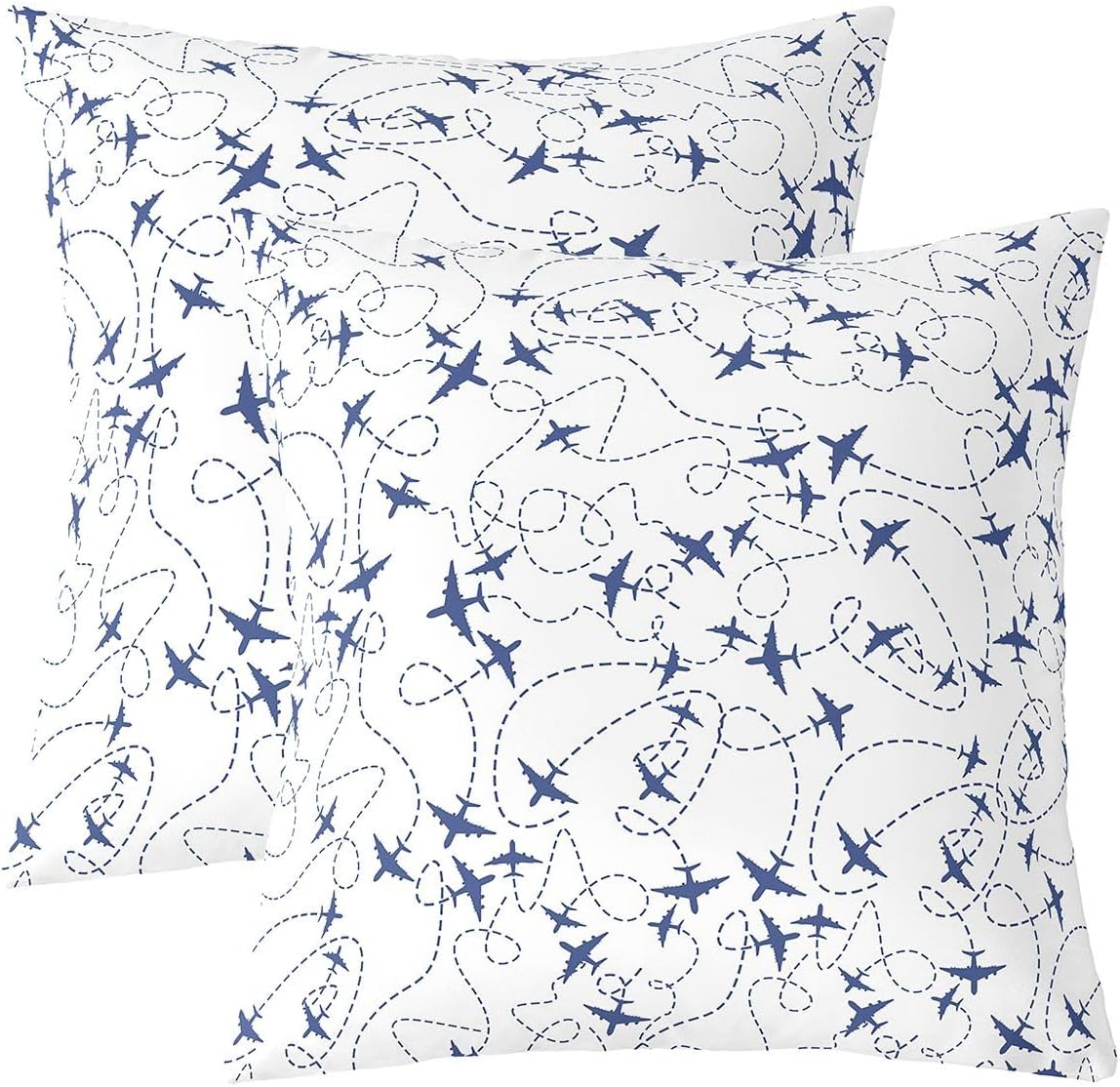 Feelyou Airplane Throw Pillow Covers 22"x22" Set of 2 Soft Kids Flight Decorative Throw Pillowcases for Toddler Travel Blue and White Pillow Cases Cushion Covers Aircraft Cushion Cases Room Decor