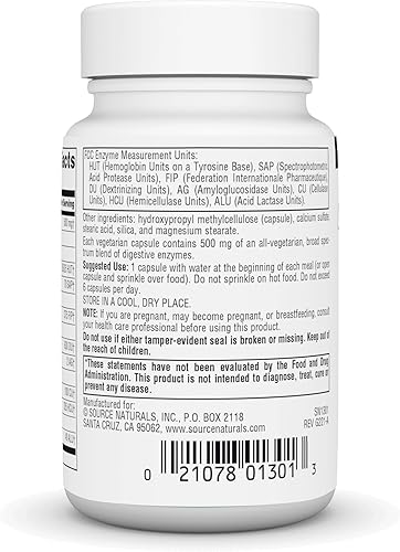 Vista 10 de Source Naturals Enzimas Esenciales en Cápsulas Vegetarianas, Ayuda Digestiva* 500 Mg - 240 Cápsulas