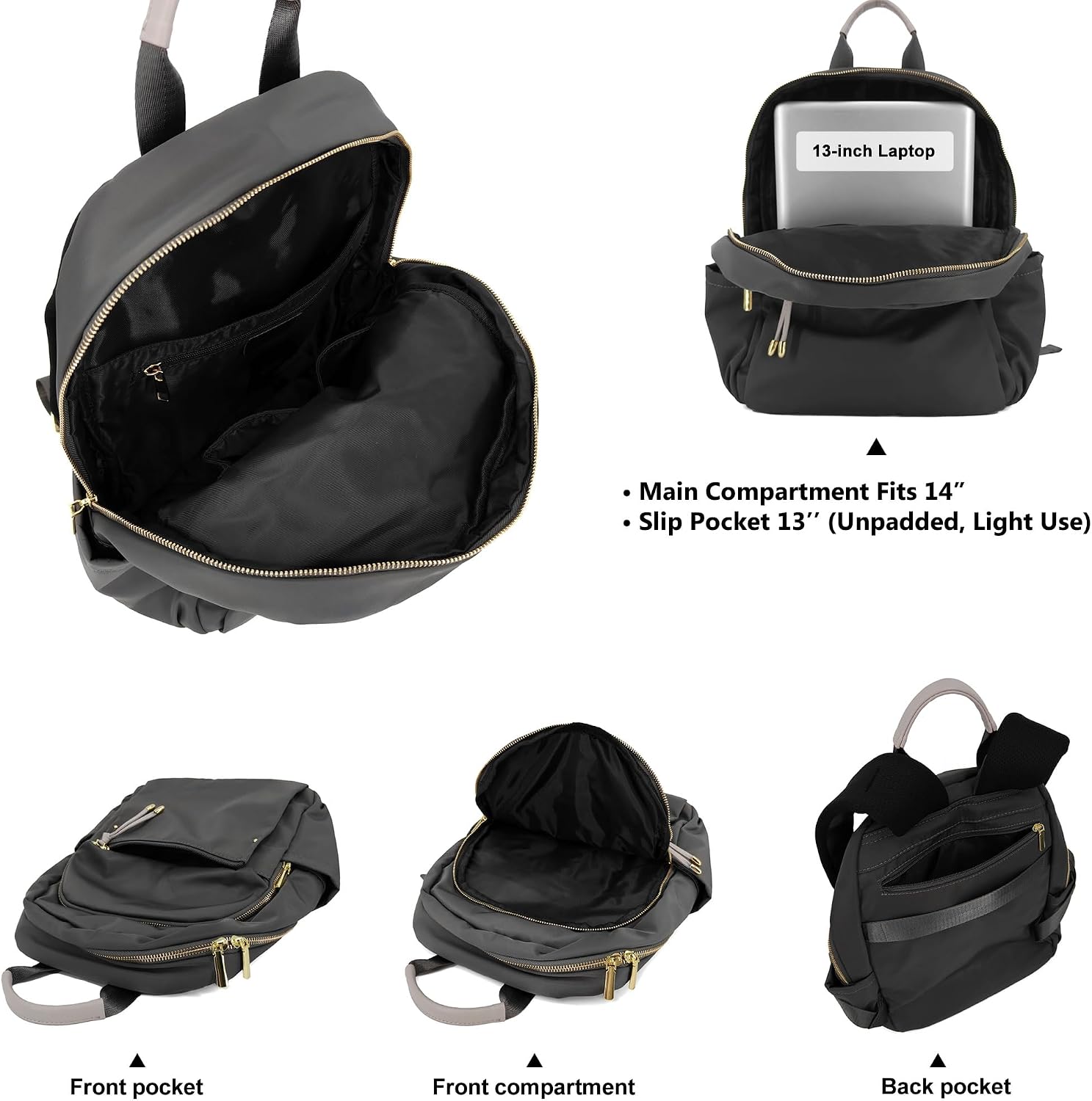 M-ioi-M Medium Backpack Purse for Women, Fashion Nylon Daypack with Gold Hardware, Lightweight Water-Resistant Rucksack for College, Work, Travel, Everyday Use, Fits 13–14" Laptop (Space Gray,Medium)