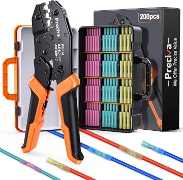Preciva Wire Crimping Tool for Heat Shrink Connectors Kit, with 200PCS 22-10 AWG Heat Shrink Connectors,Ratcheting Crimper for Electrical, Automotive, Marine & Wiring Repairs