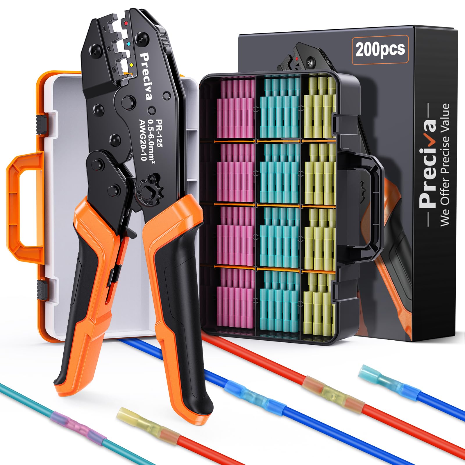 Preciva Crimping Tool Set with 200pcs Heat Shrink Butt Connectors - Insulated Wire Crimp Tools with Ratchet Machanism, 0.5-6mm²/AWG20-10 Terminal Crimpers for Electronic Jobs