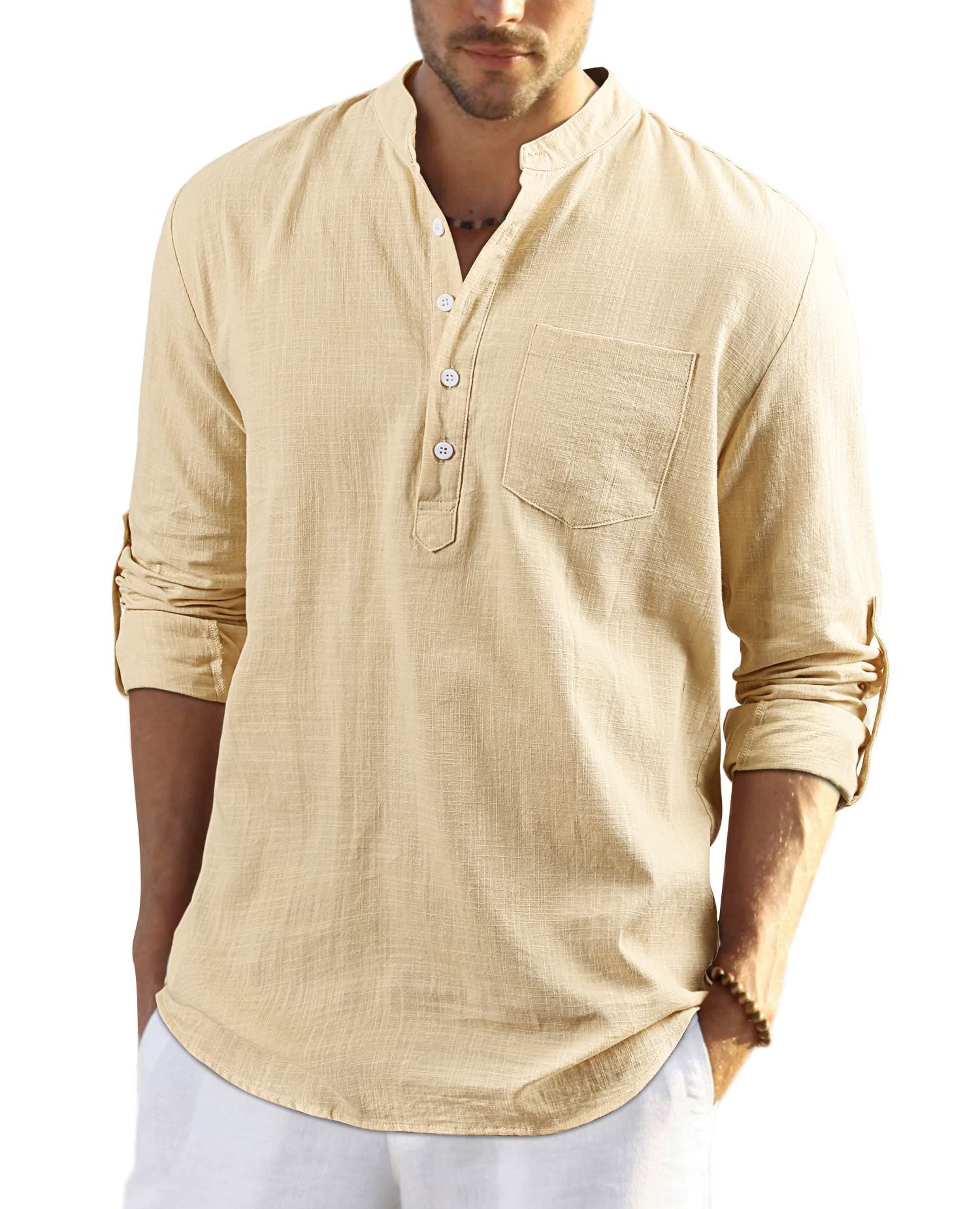 Enlision Camisa de Lino Manga Larga para Hombre Camisas Informales de Verano Camisa Suelta de Ocio de Color Sólido con Botónes Top con Bolsillo