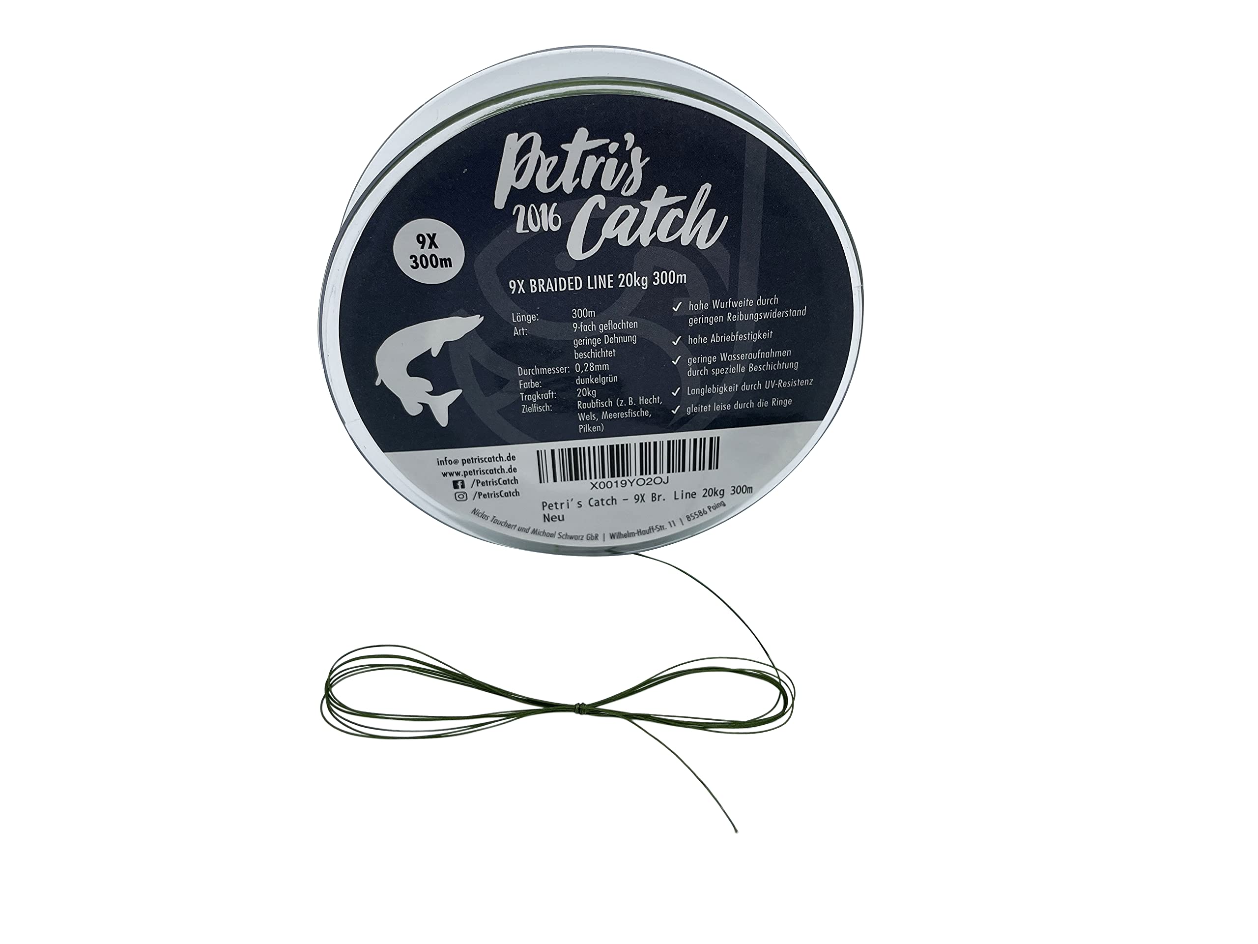 PetrisCatch 9-Fach geflochtene Raubfisch Angelschnur, 300m, 8/12/20kg, 0,14/0,18/0,28mm