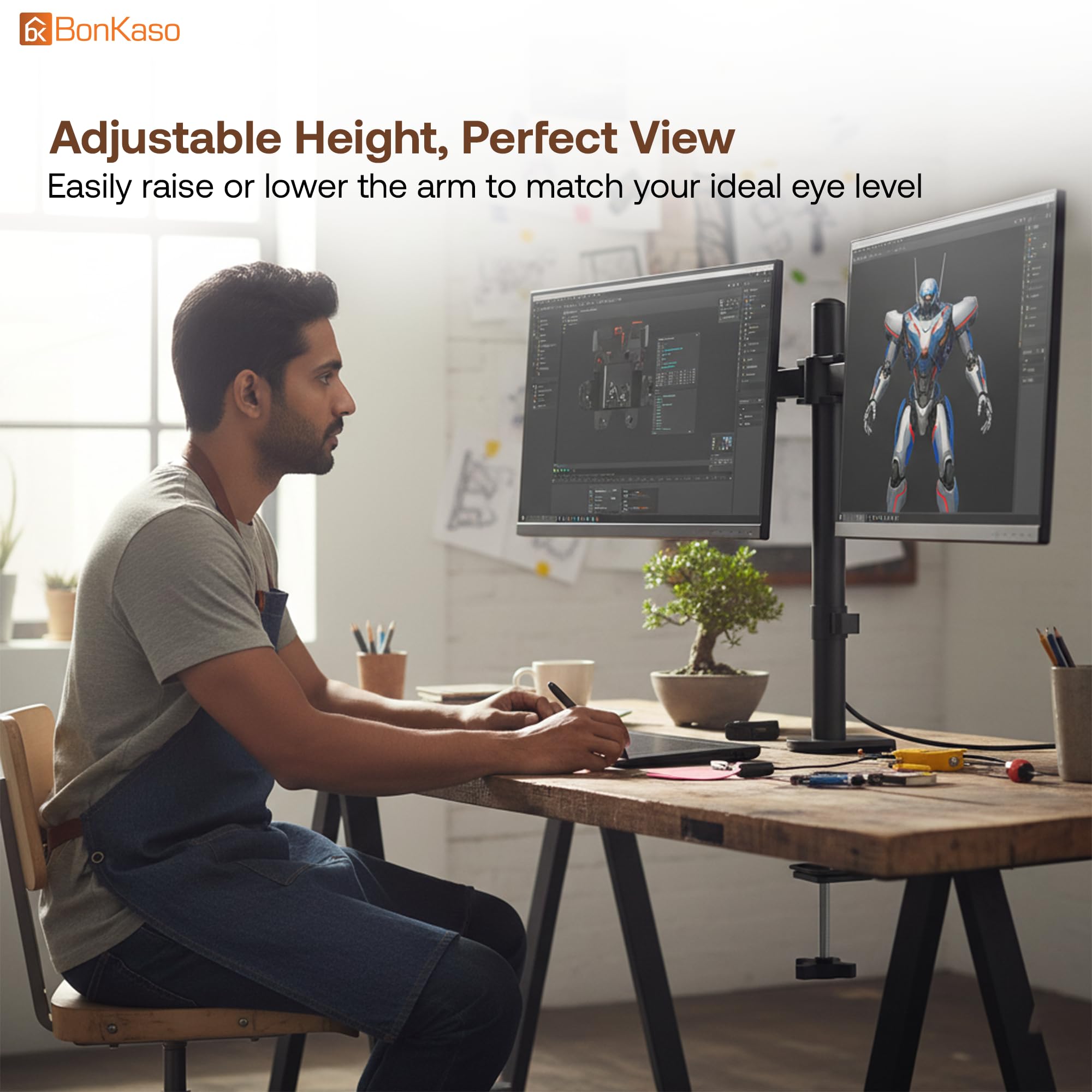 BonKaso Dual Monitor Stand for Desk | Height Adjustable Alloy Steel Arm Mount for 13”–27” Screens | 360° Rotation, Tilt & Swivel, Cable Management, Space-Saving Dual Arm Monitor Mount (Black & White) — Amazon image 4