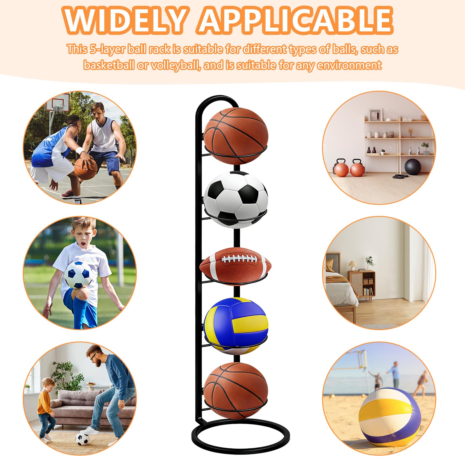 Support de balle en métal noir à 5 niveaux, support de balle debout, rangement de balles, cadre amovible, étagère de rangement pour ballons, convient pour les ballons de football, volley-ball