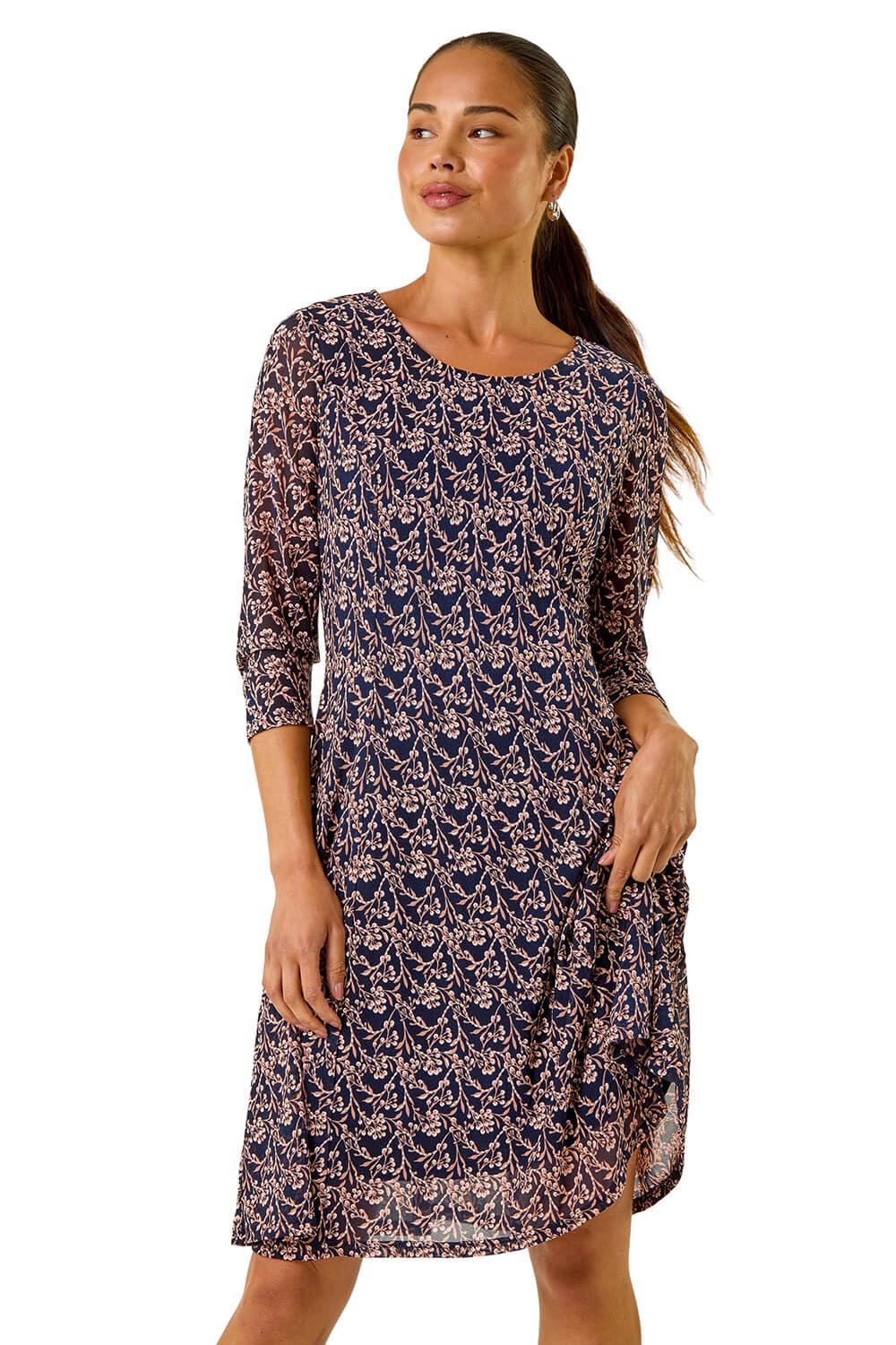 Roman Originals Women's Petite Tan Roman Petite Ditsy Floral Print Stretch Dress For Uk - Everyday Autumn Winter Round Neckline Comfy Soft Evening Vacation Work Party Night Out - Size 18