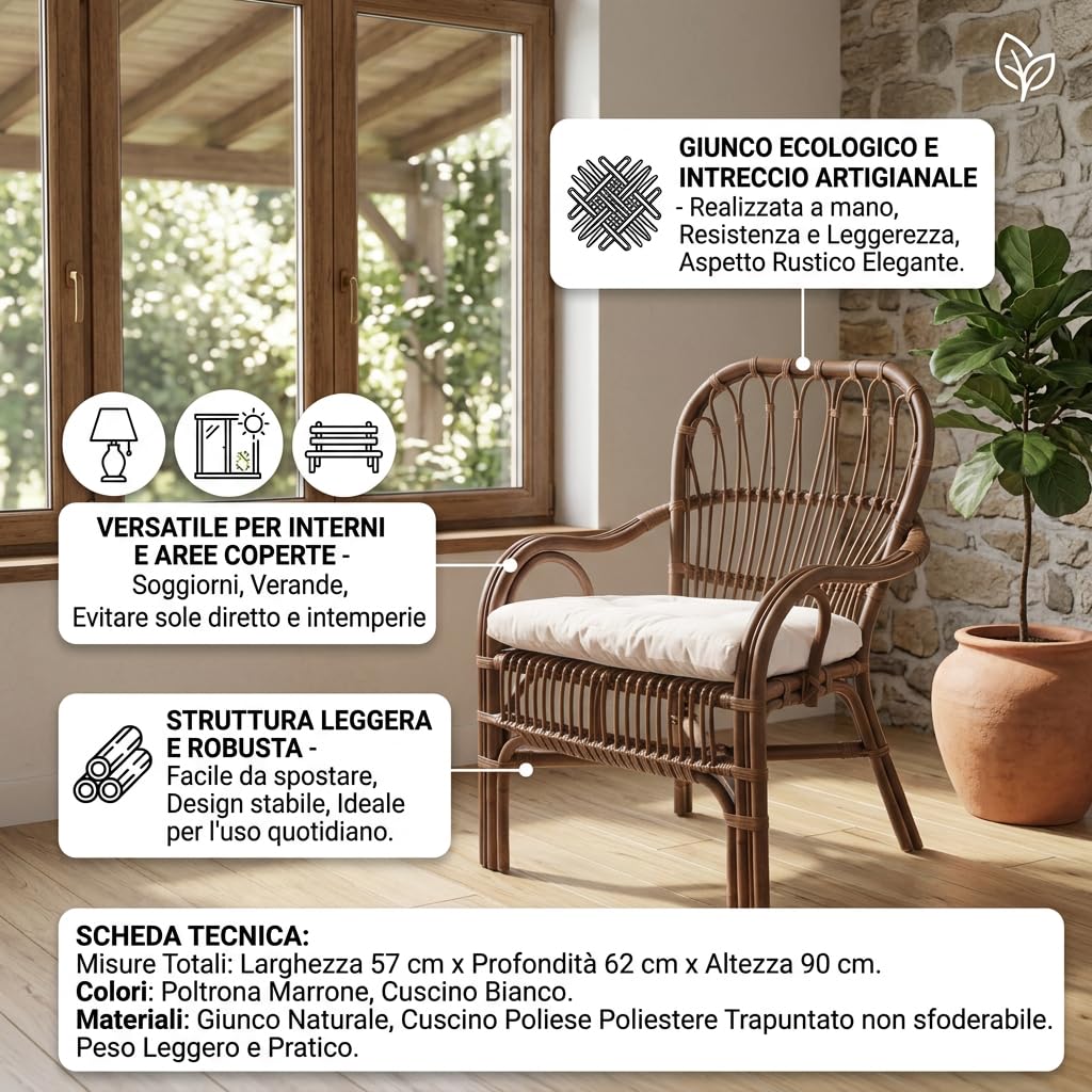 DiKasa Poltrona in Giunco con Cuscino Trapuntato Bianco, Poltrona Rustica Marrone per Interni e Verande Coperte, Seduta Leggera e Resistente, Design Naturale ed Elegante, 57x62x90 cm