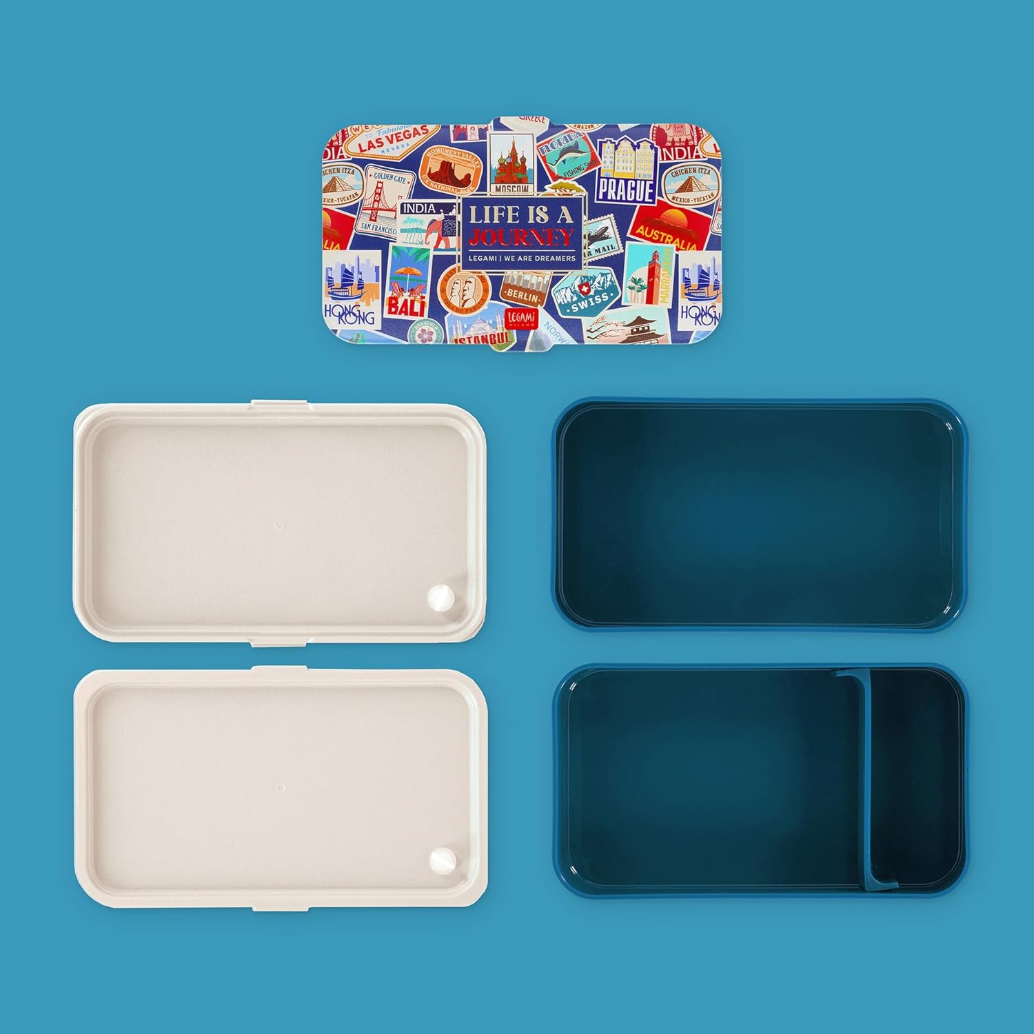 Legami Lunch Box, 3 Pieces of Cutlery Included, Travel Stickers, Container, Capacity 1200ml, Leakproof, Microwave and Dishwasher Safe
