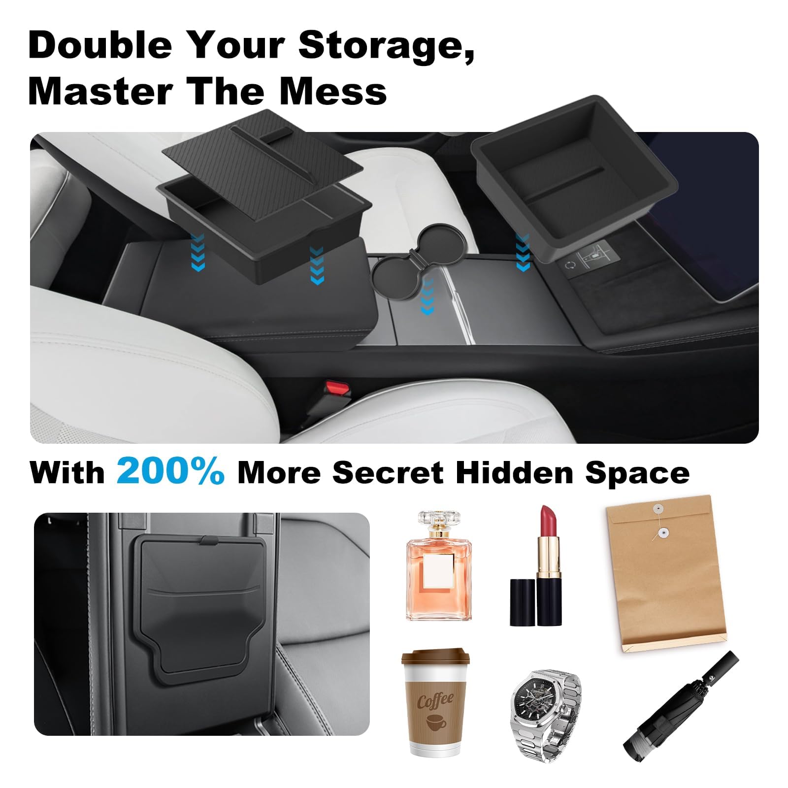 Eonflux Upgraded Center Console Organizer Tray 5PCS for Tesla Model Y Juniper 2025-2026 Accessories, Hidden Storage Box, Cup Holder Insert & Armrest Drawer, Compatible with Model 3 Highland 2025